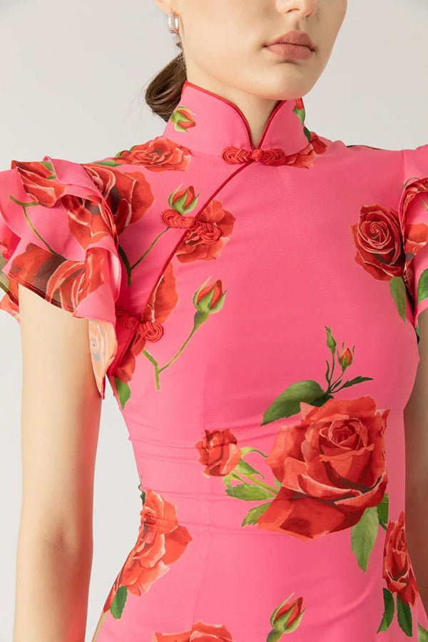 Clara - Women's Floral Ruffle Sleeve Fitted Maxi Dress with High Neck