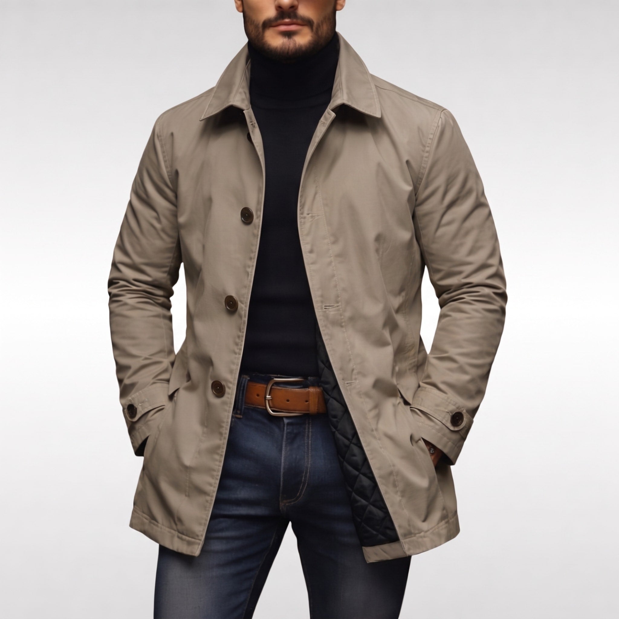 James - Men's Longline Mac Coat with Point Collar and Button Front