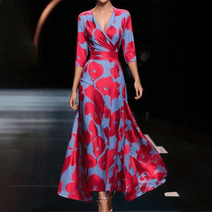 Clara - Women's Floral Wrap Three-Quarter Sleeve Maxi Dress