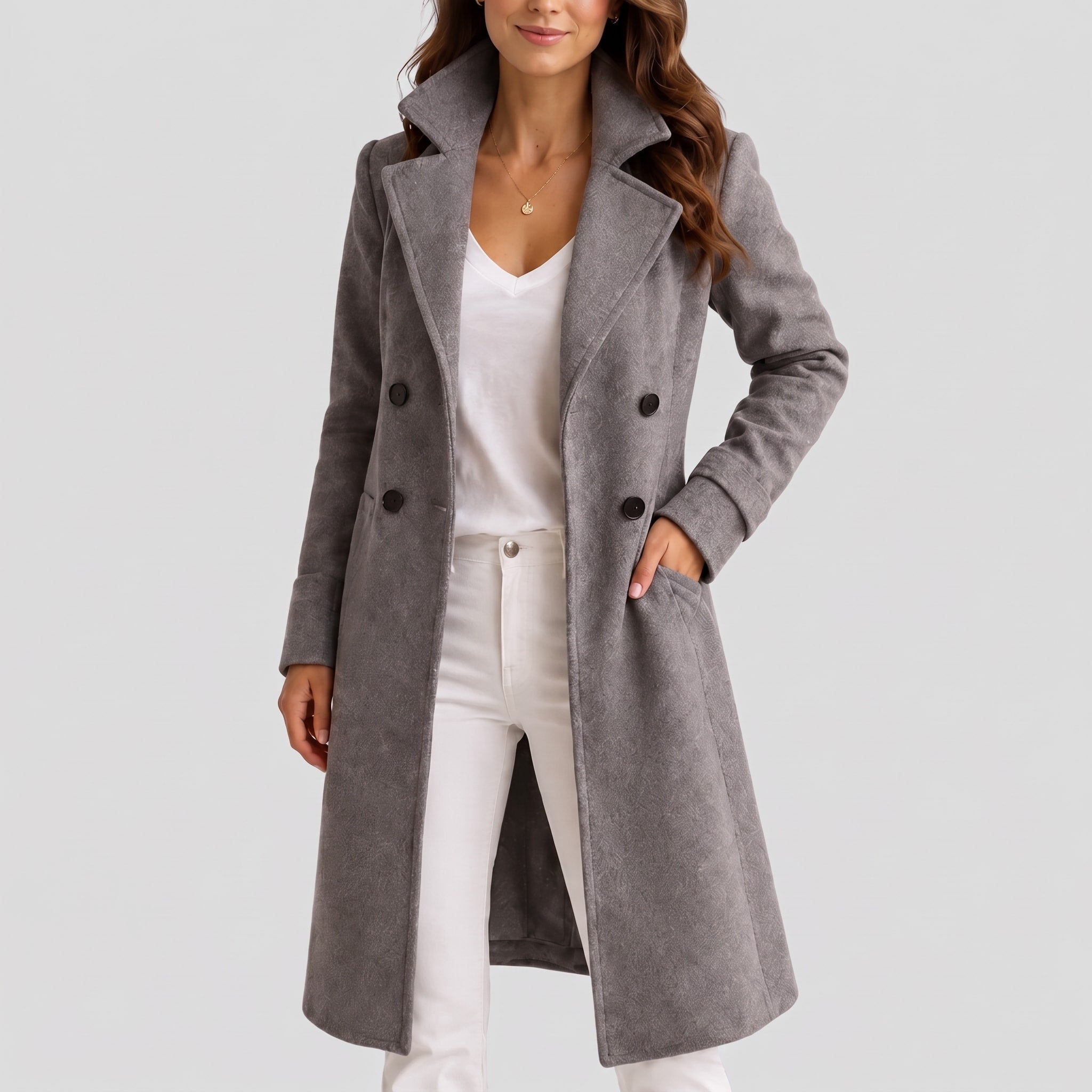 Eleanor - Women's Double-Breasted Tailored Midi Overcoat with Notch Lapel