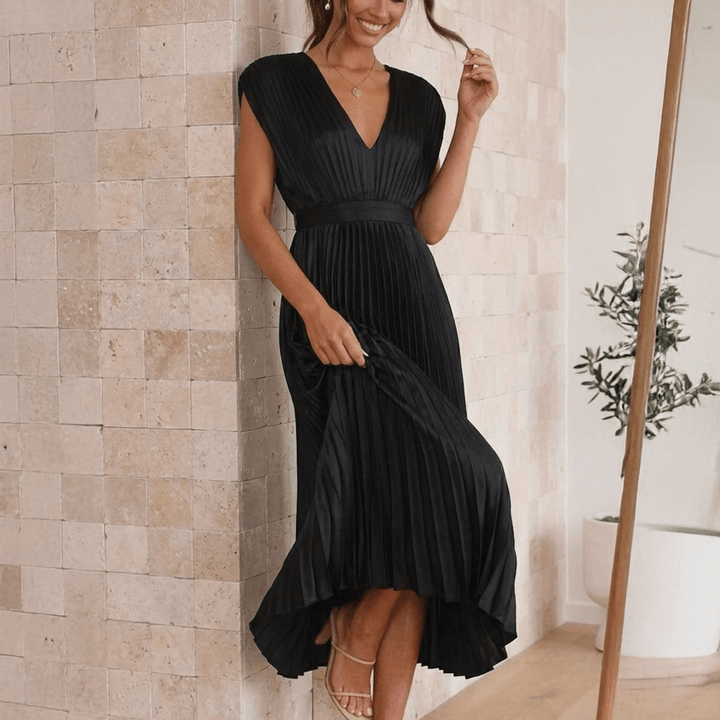 Sofia - Women's Wedding Guest Pleated Midi Dress with Cap Sleeves