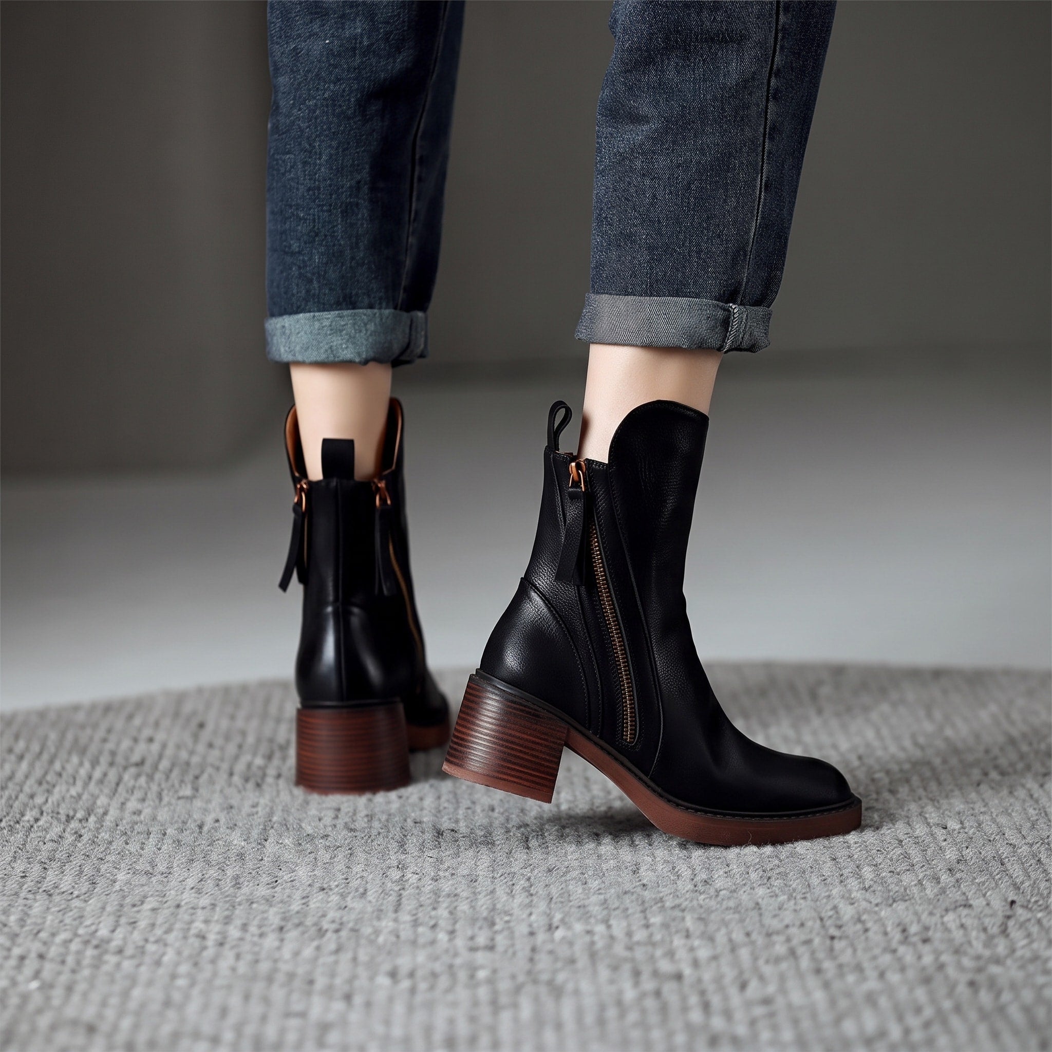 Emma - Women's Block Heel Ankle Boots with Double Zip