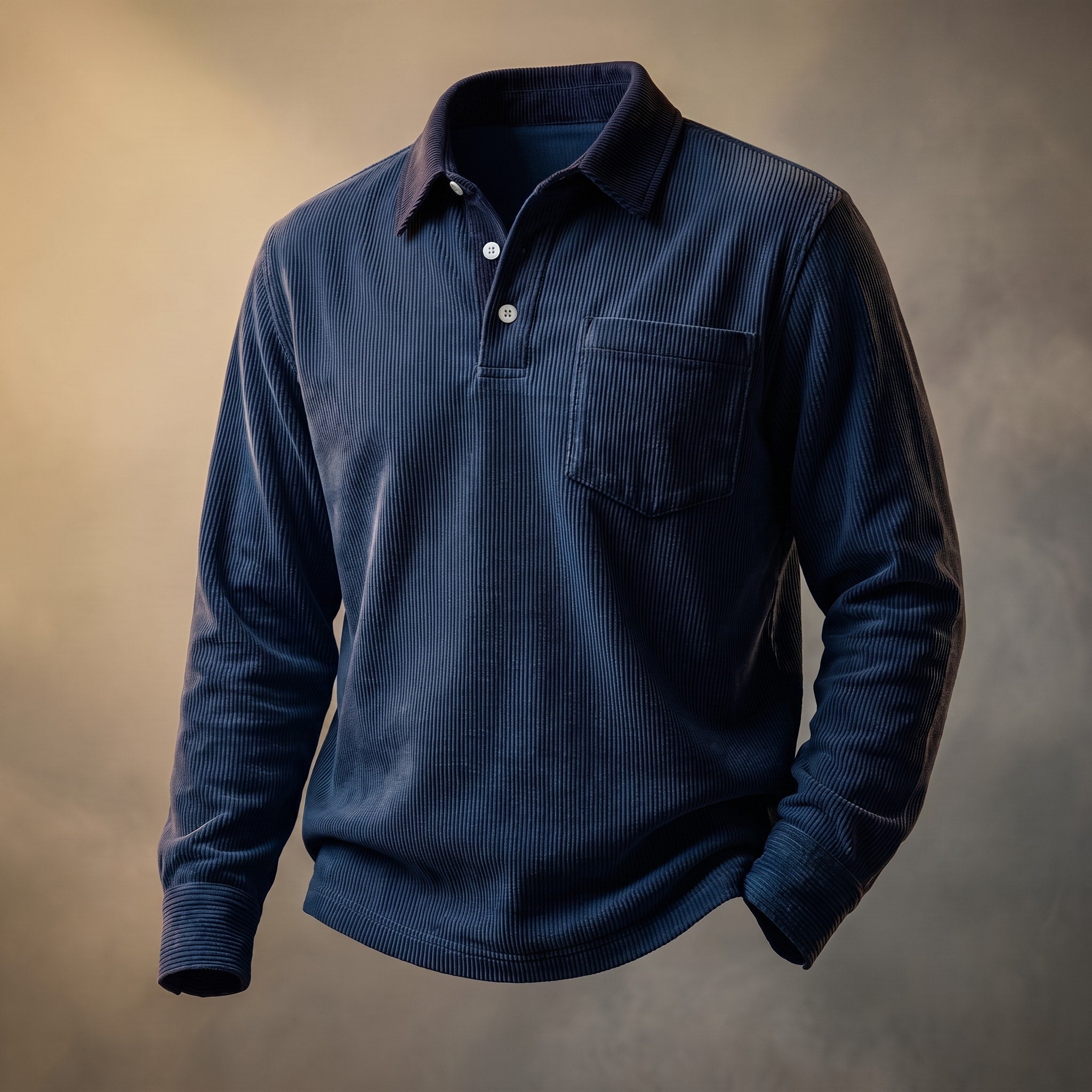 Oliver - Men's Long Sleeve Ribbed Polo Shirt with Chest Pocket and Contrast Collar