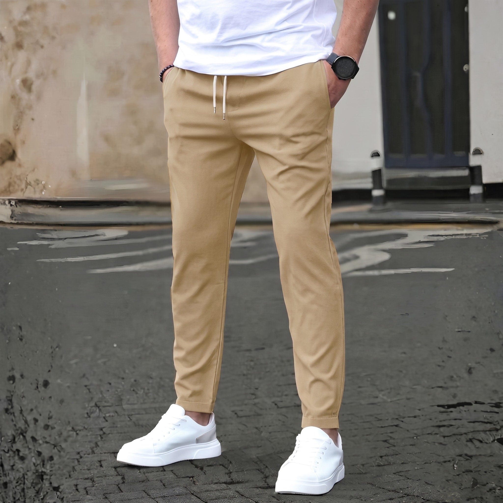 James - Men's Slim Fit Elastic Waist Chinos with Drawstring