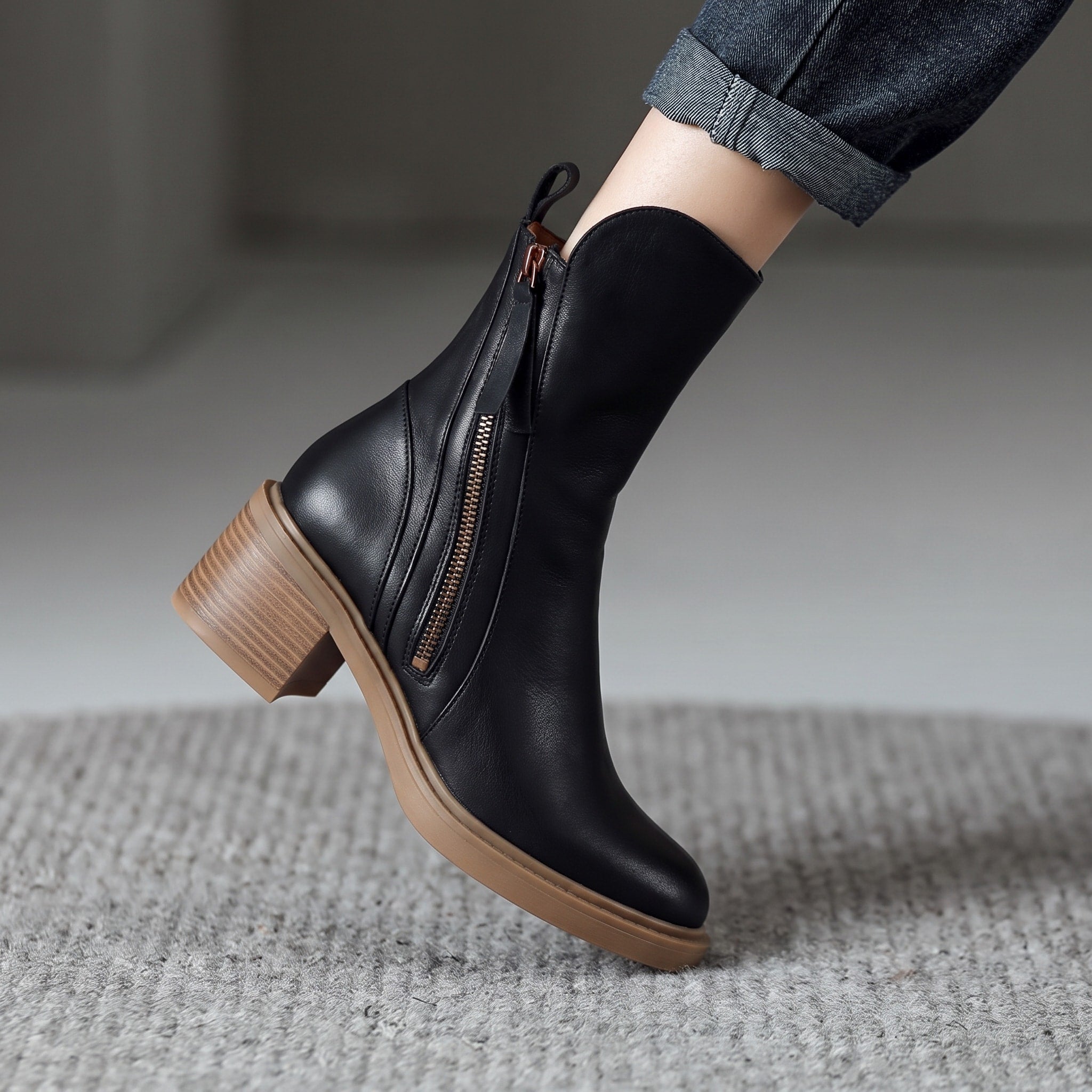 Emma - Women's Block Heel Ankle Boots with Double Zip