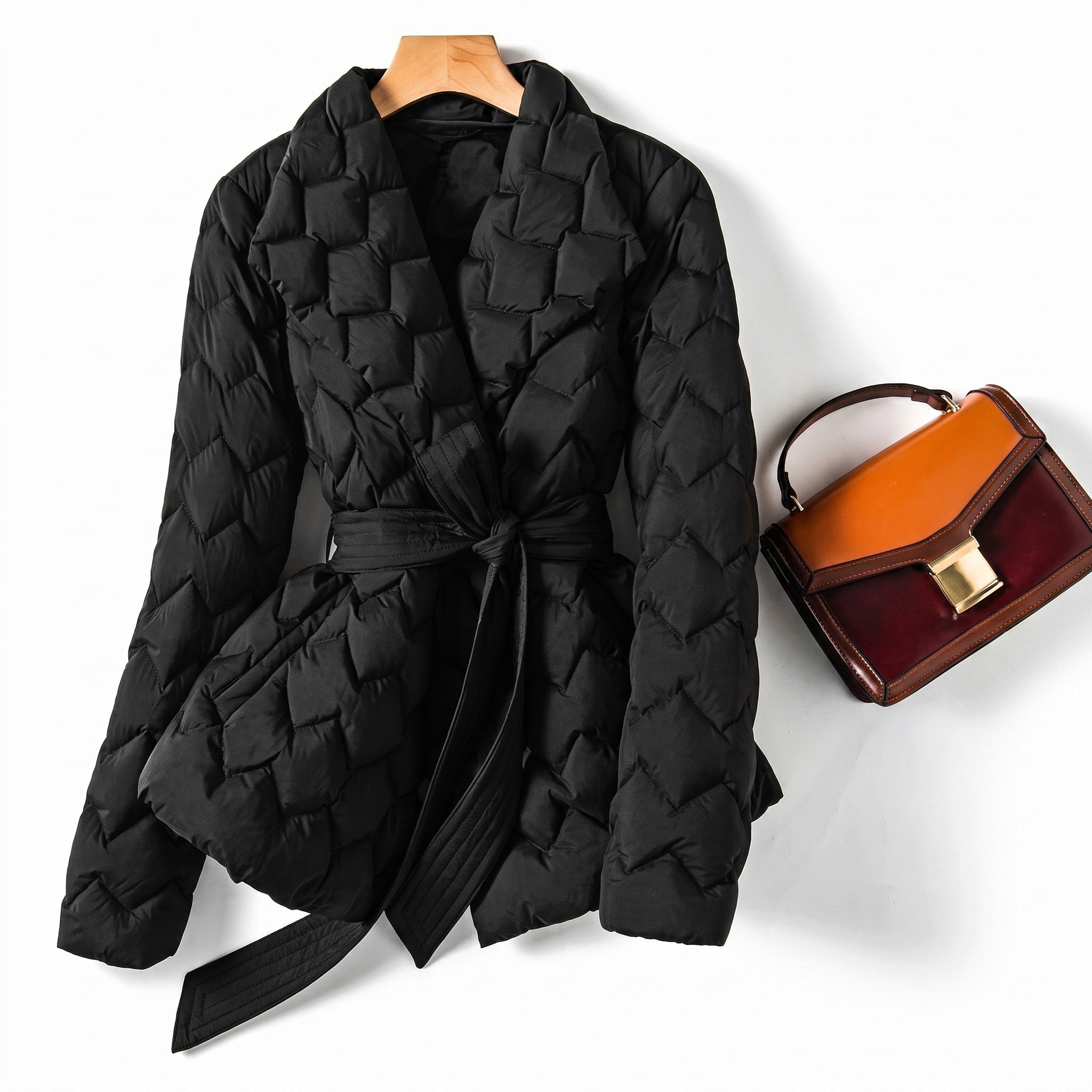 Sophia - Women's Quilted Belted Puffer Jacket with Shawl Collar