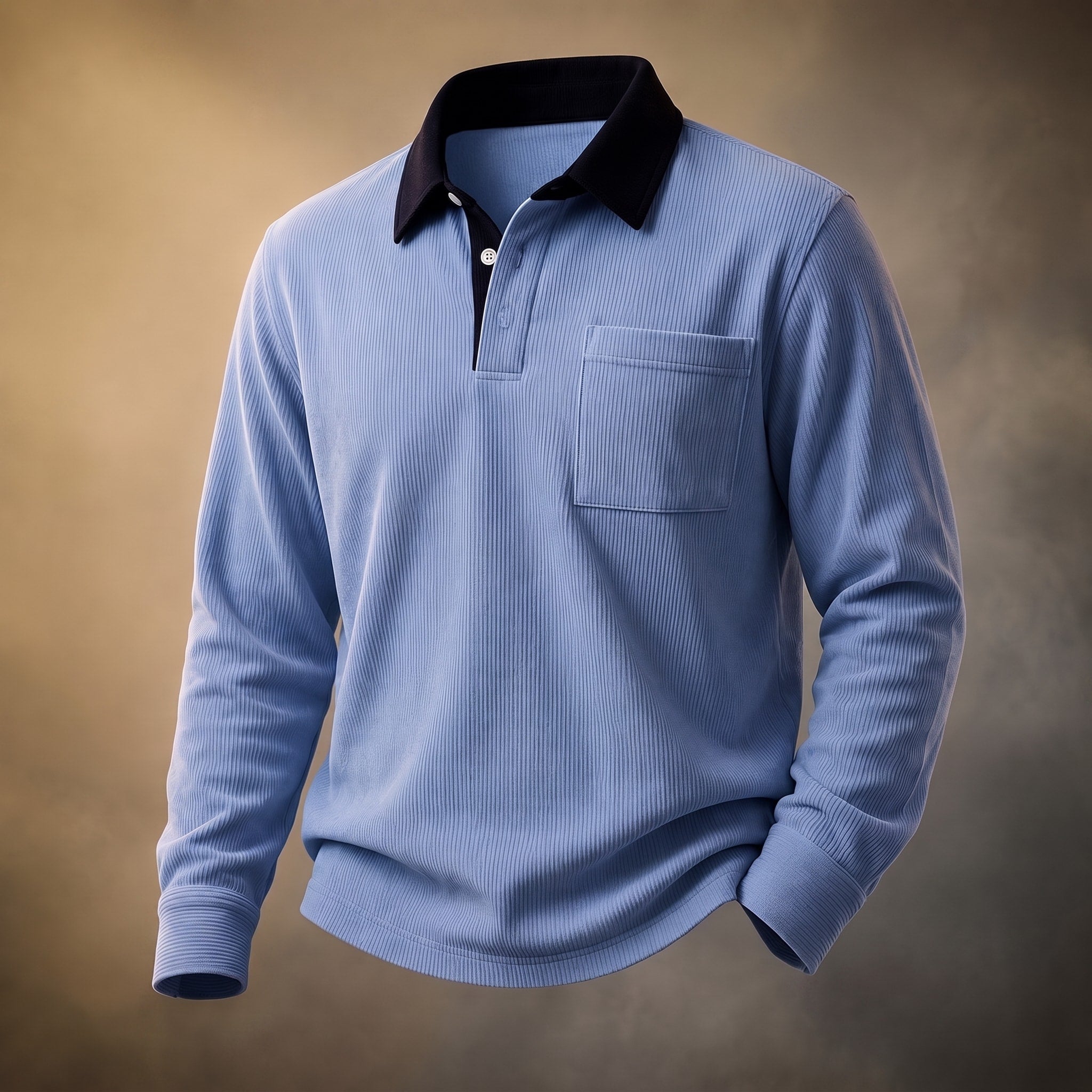 Oliver - Men's Long Sleeve Ribbed Polo Shirt with Chest Pocket and Contrast Collar