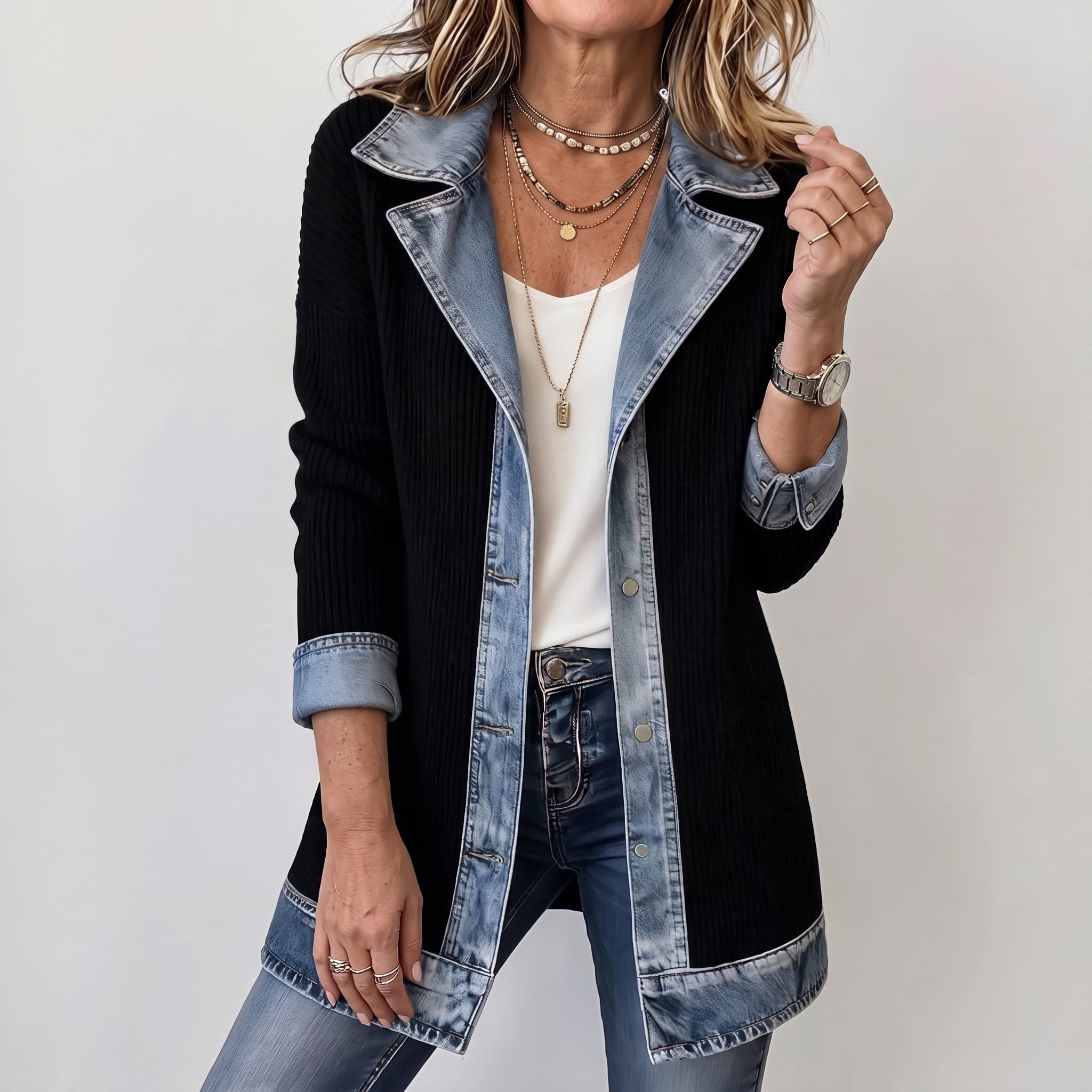 Margaret - Women's Longline Contrast Collar Blazer Jacket