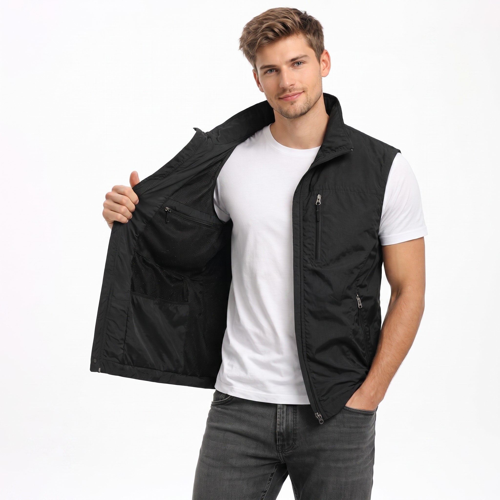 James - Men's Zip-Up Gilet with Multiple Pockets and Stand Collar