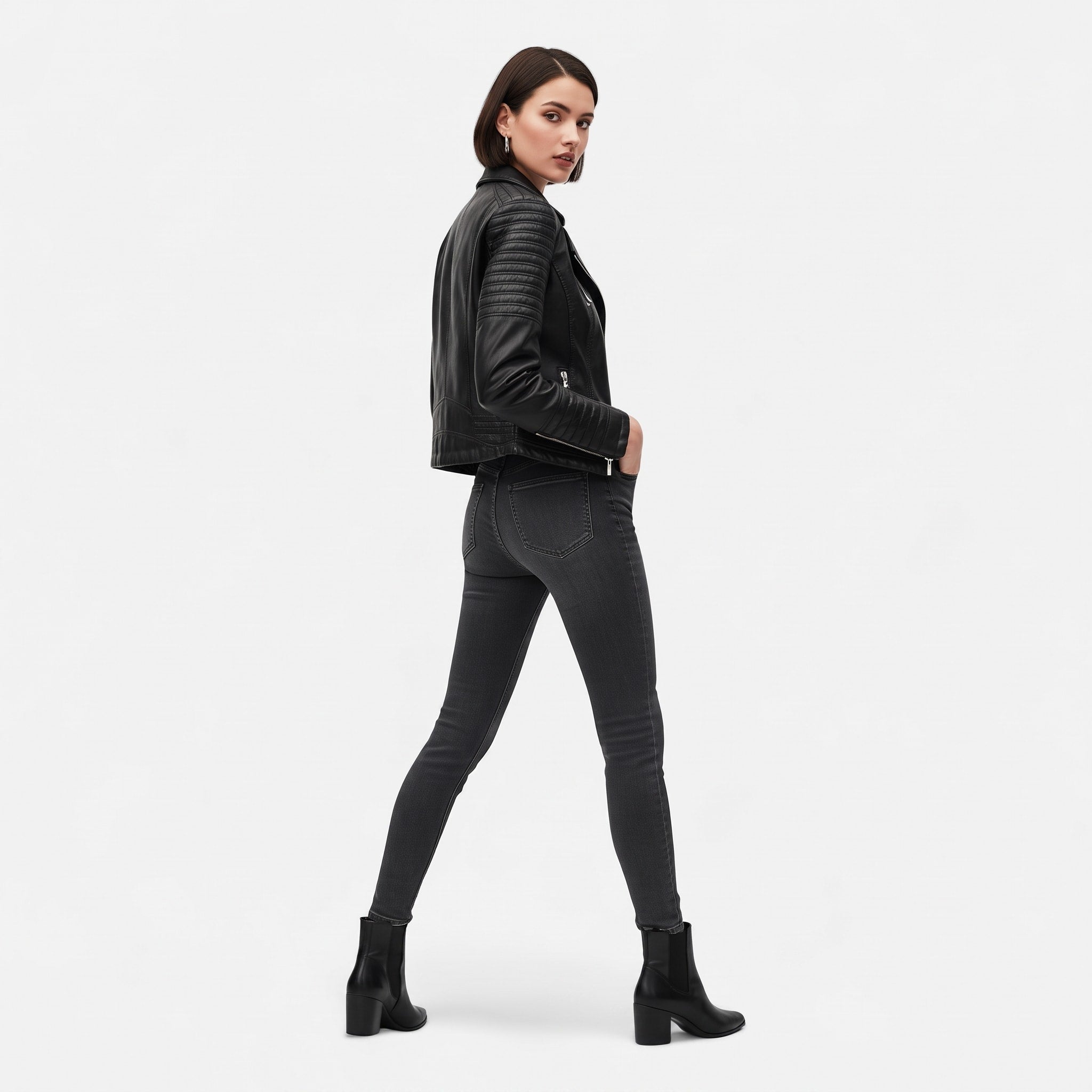 Sophie - Women's Biker Jacket Zip Pockets with Quilted Shoulder Detail