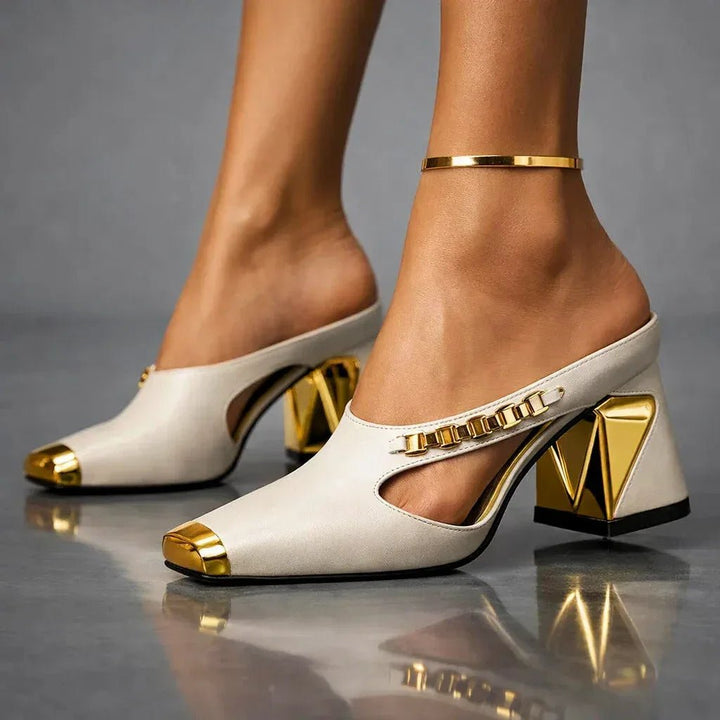 Clara - Women's Block Heel Mules with Gold Toe Cap