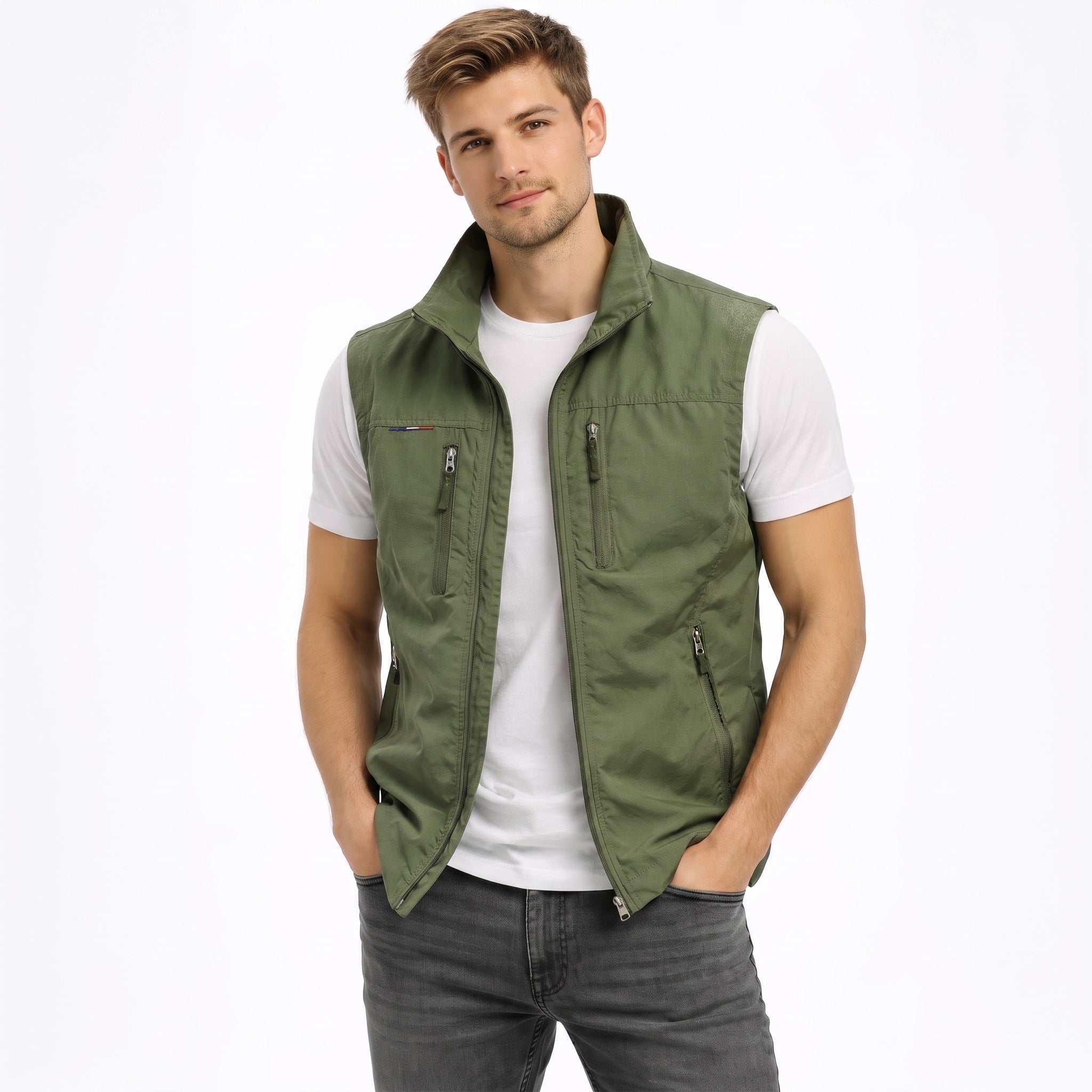 James - Men's Zip-Up Gilet with Multiple Pockets and Stand Collar