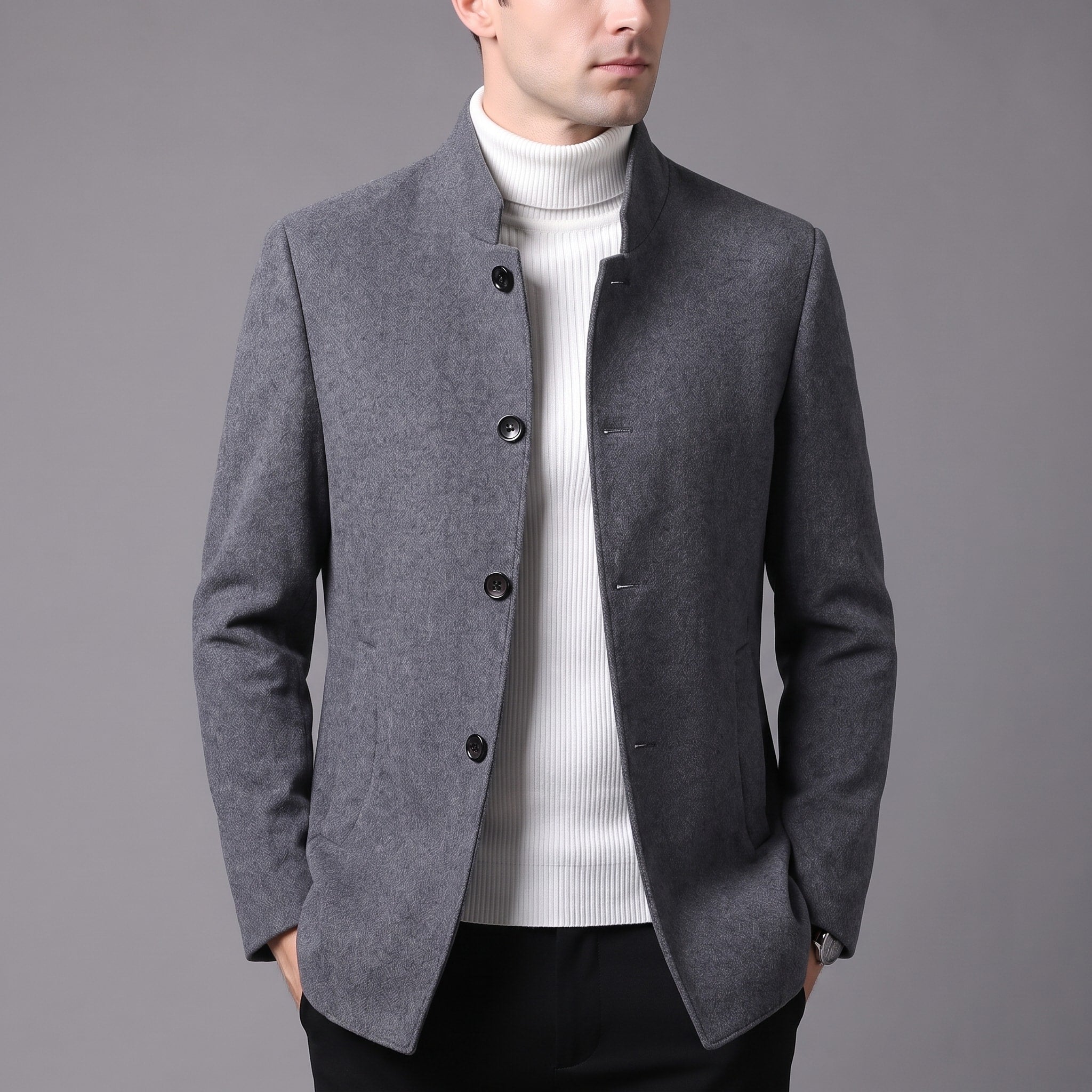 Oliver - Men's Stand Collar Wool Coat with Tartan Lining