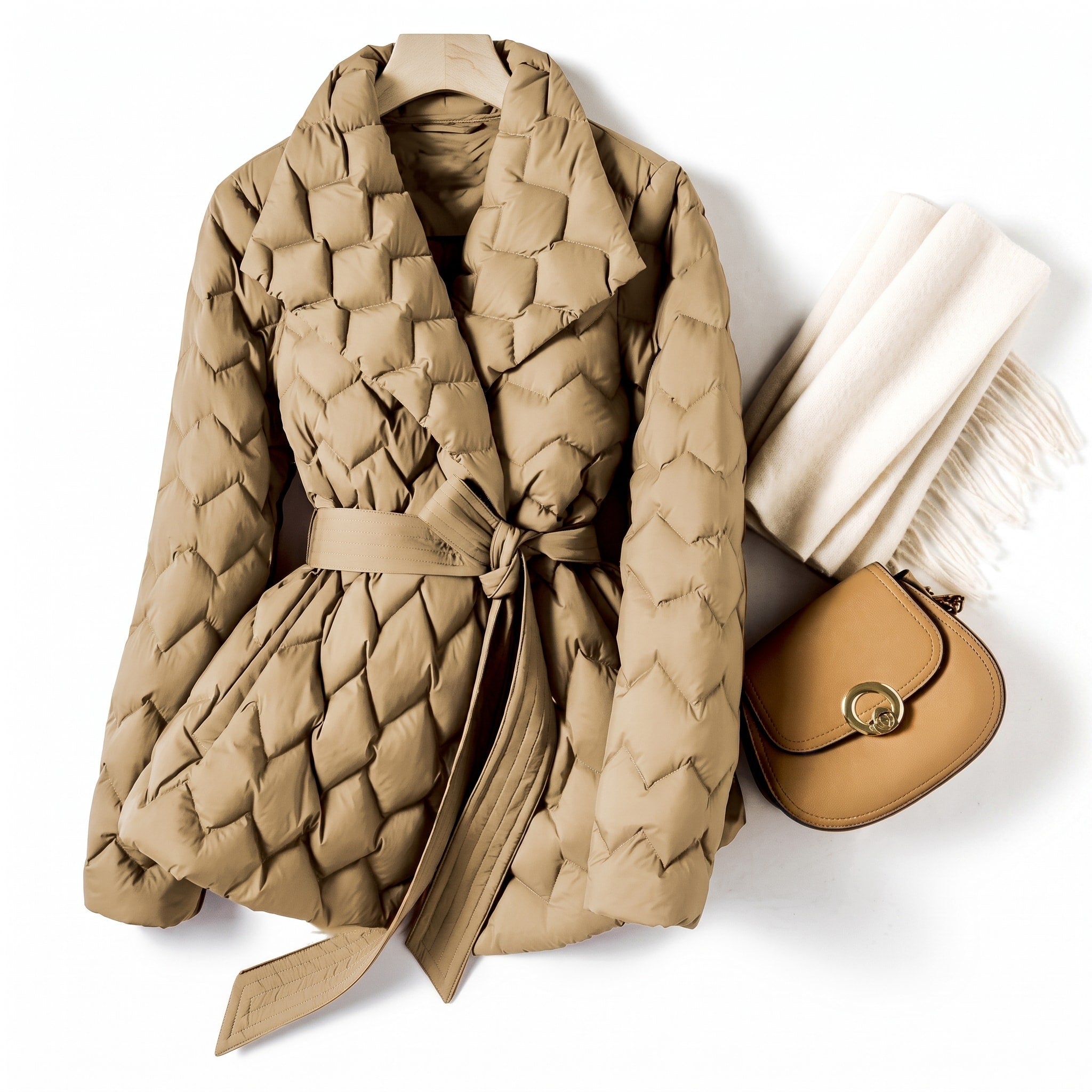Sophia - Women's Quilted Belted Puffer Jacket with Shawl Collar