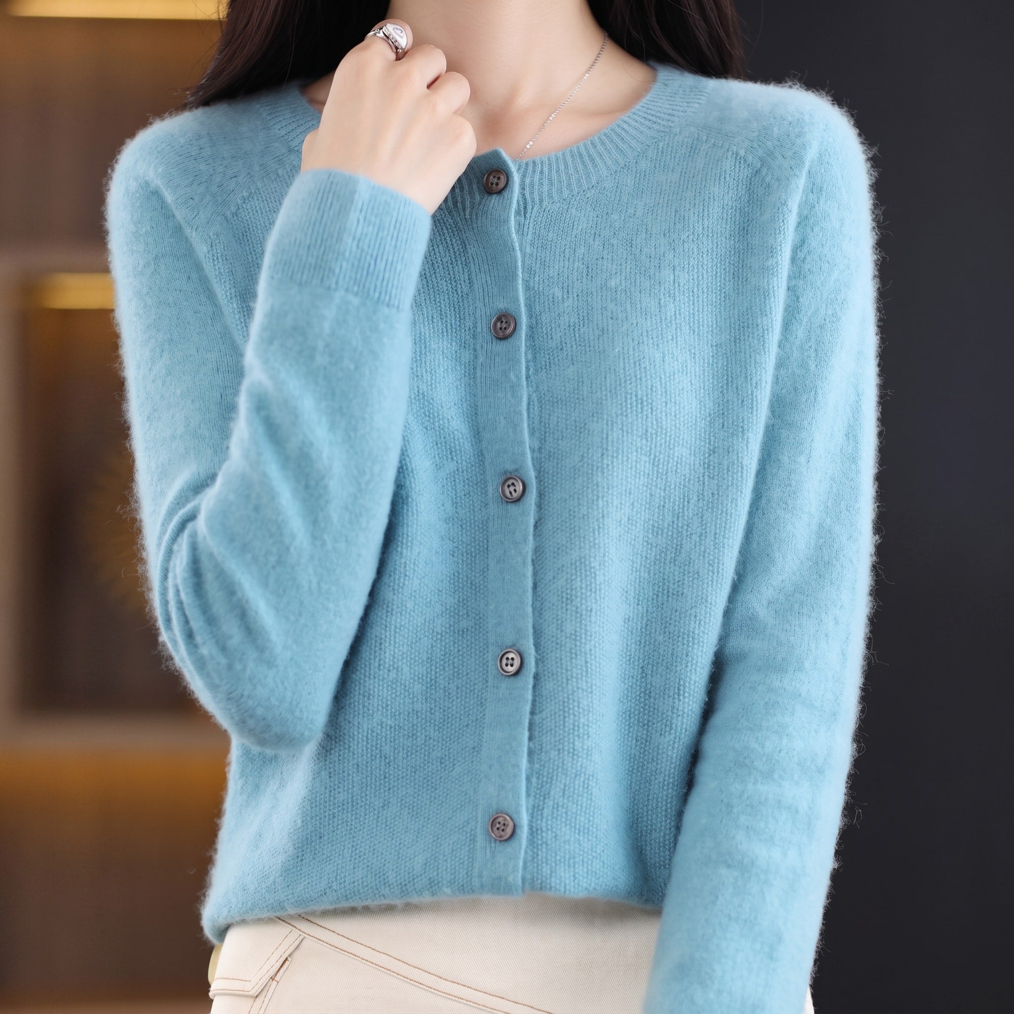Sophie - Women's Button-Front Knit Cardigan with Crew Neck