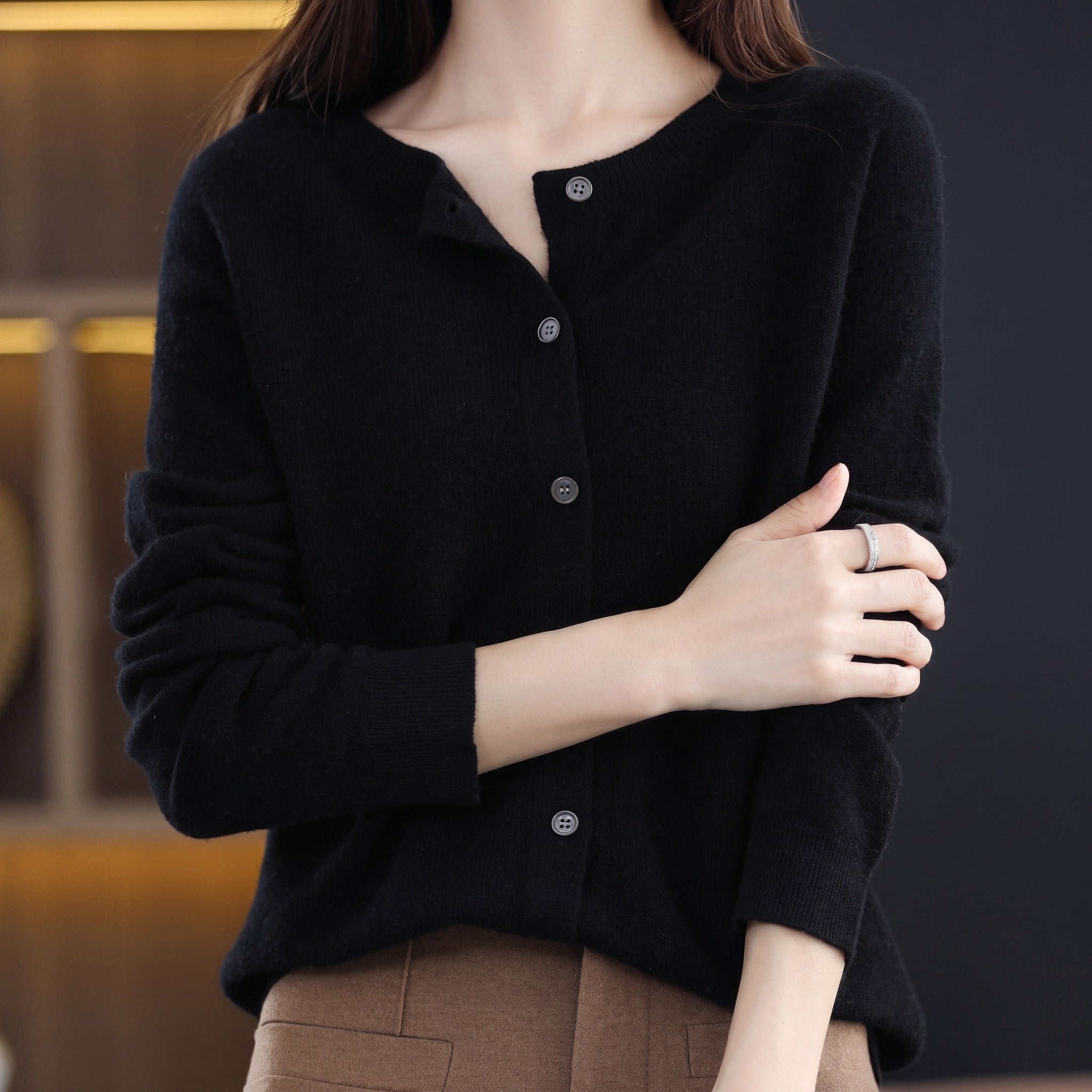 Sophie - Women's Button-Front Knit Cardigan with Crew Neck