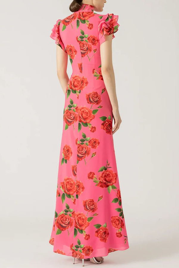 Clara - Women's Floral Ruffle Sleeve Fitted Maxi Dress with High Neck