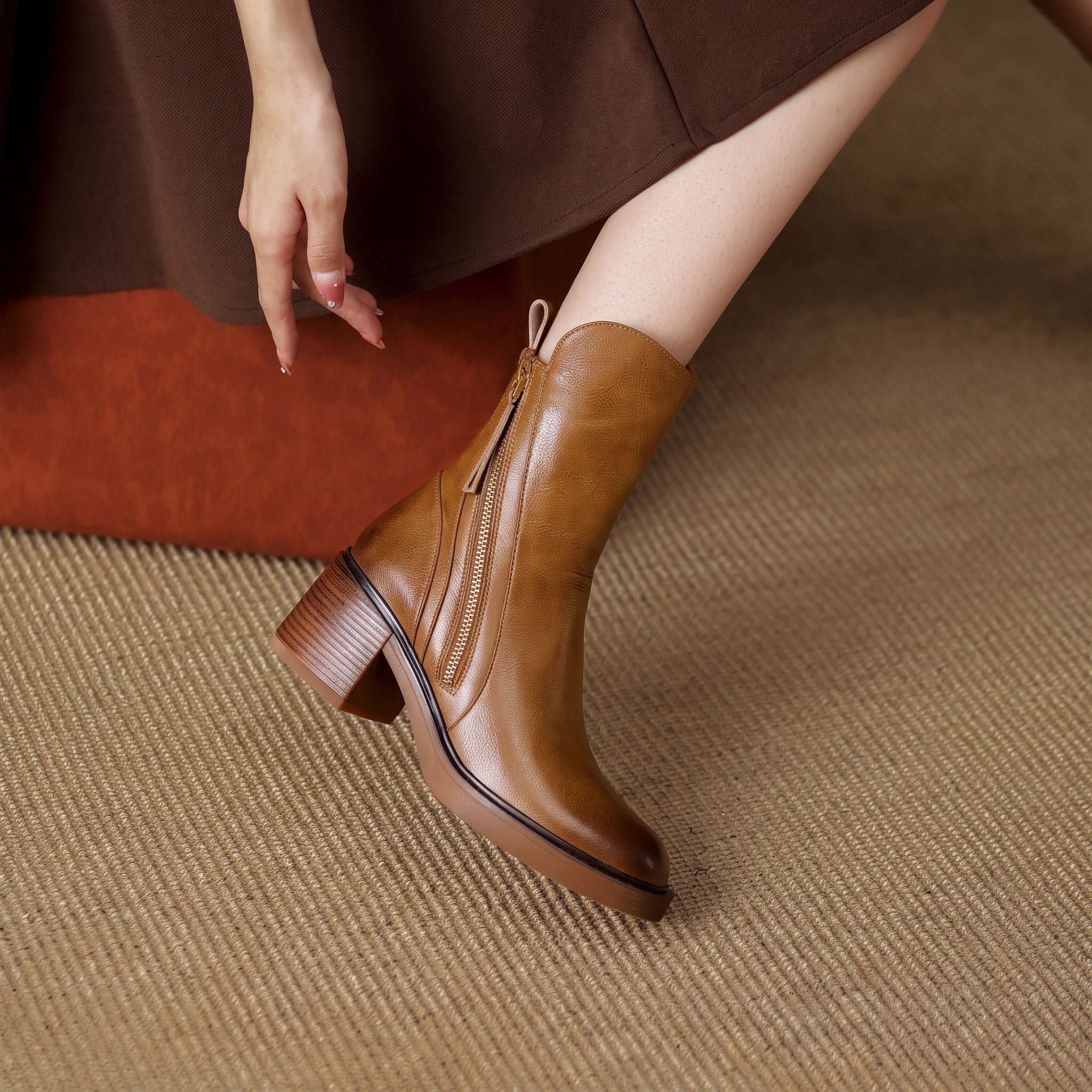 Emma - Women's Block Heel Ankle Boots with Double Zip