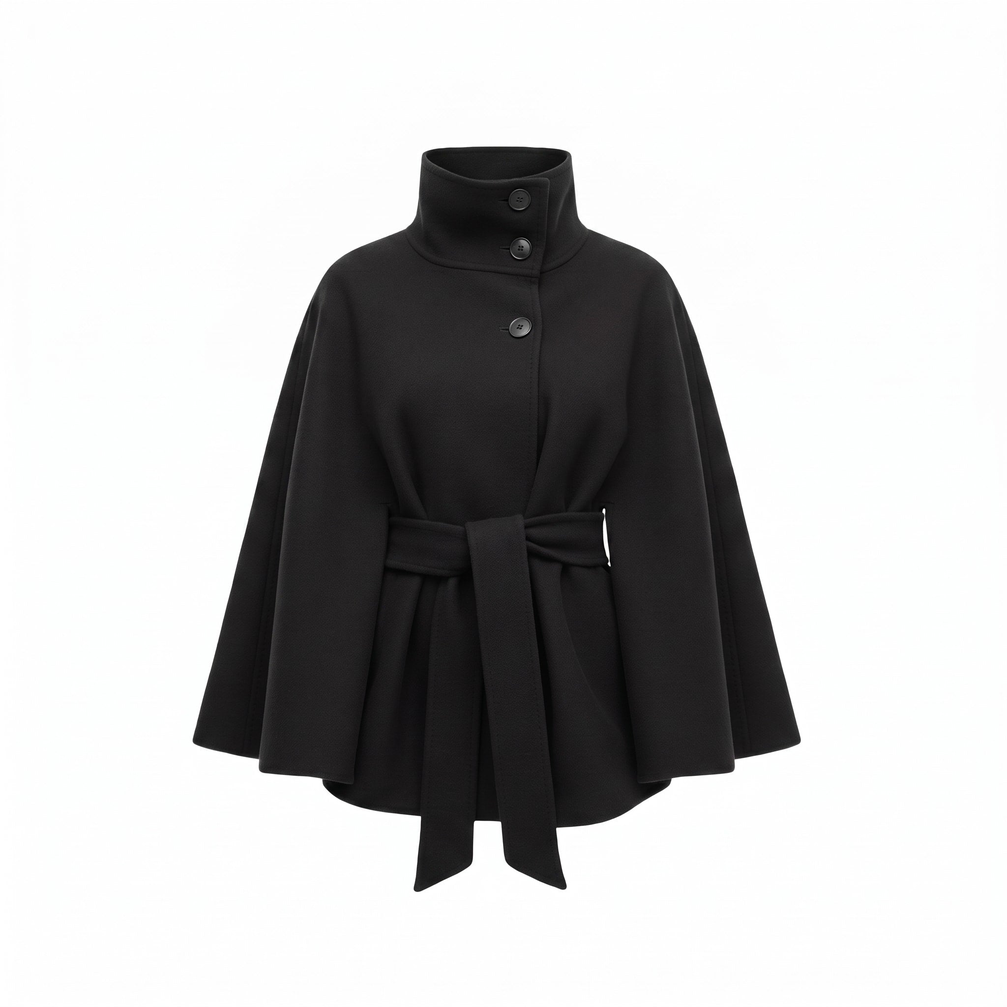 Olivia - Women's Belted Cape Coat with High-Neck Button Collar