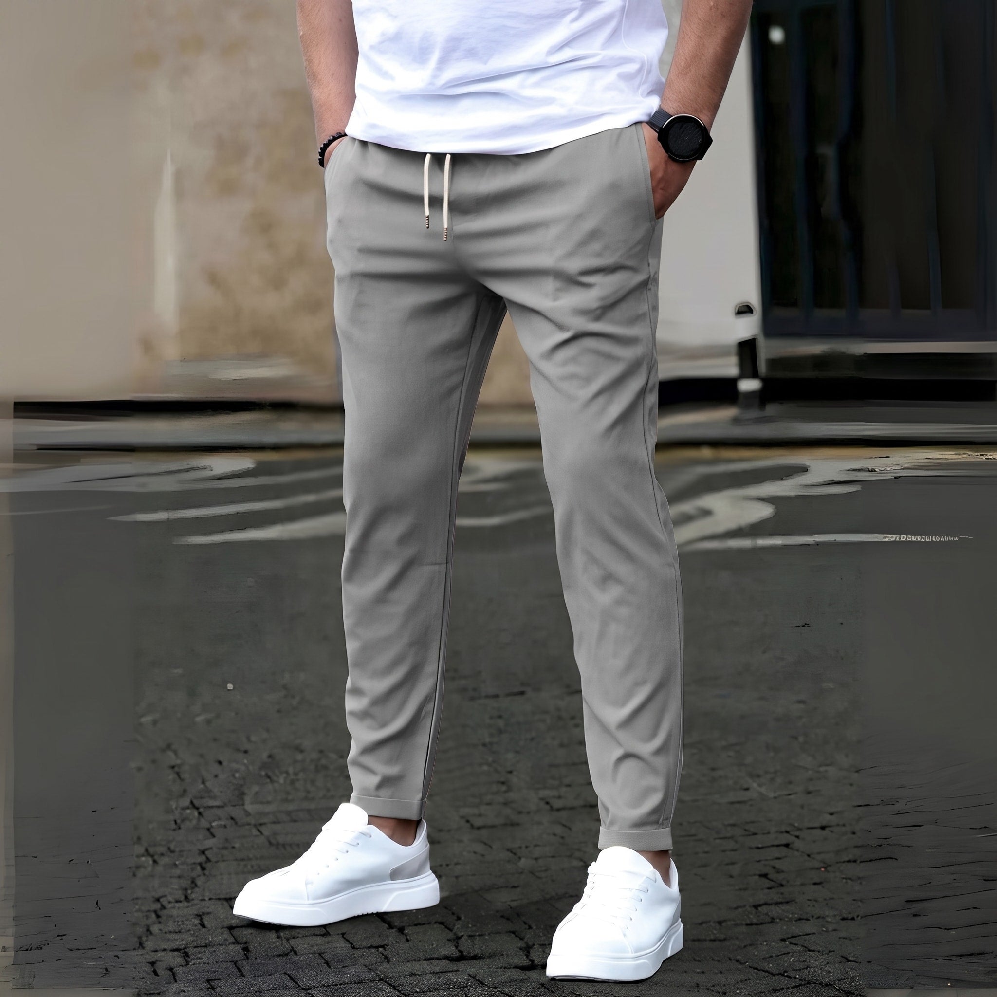 James - Men's Slim Fit Elastic Waist Chinos with Drawstring