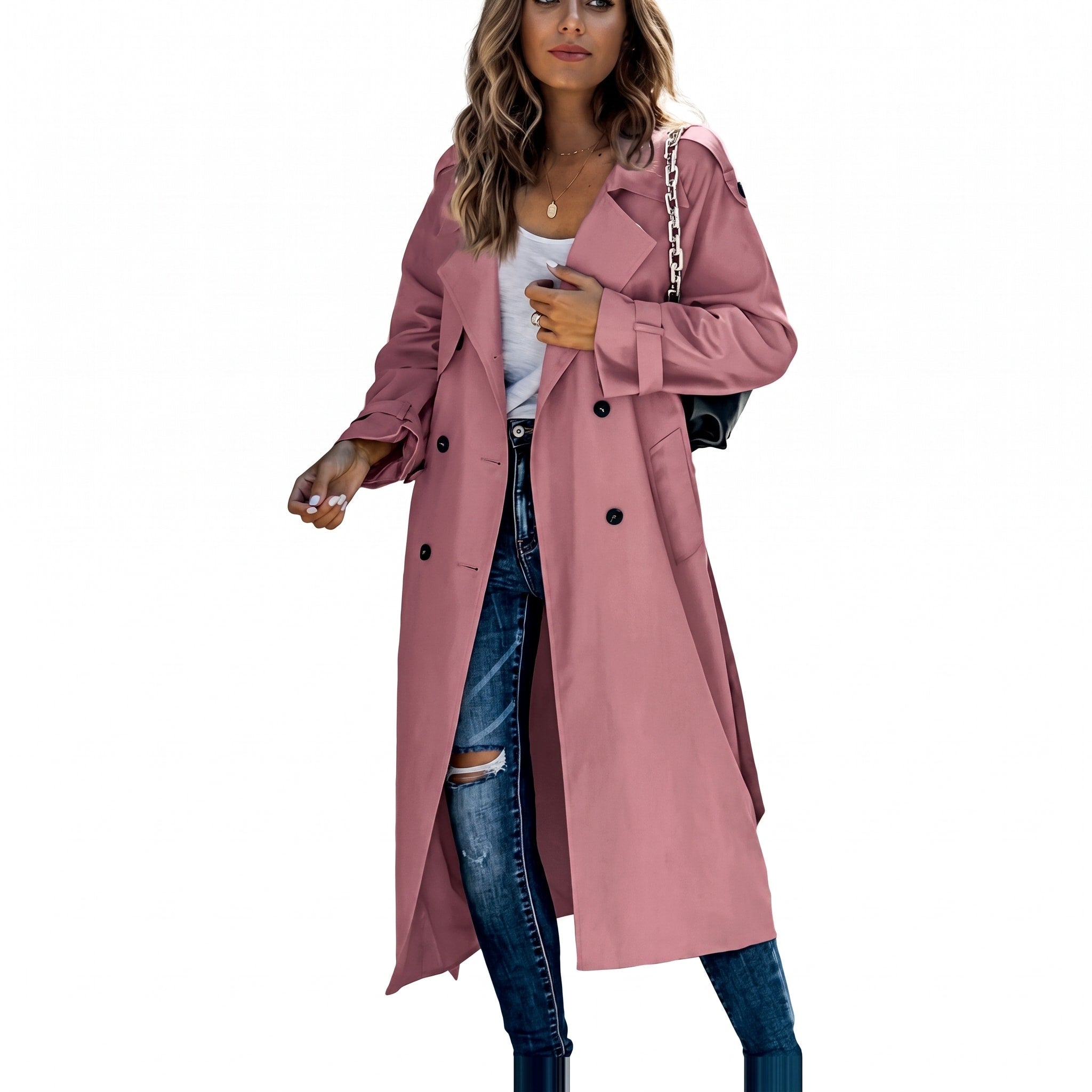 Sophie - Women's Double-Breasted Longline Trench Coat with Belted Waist