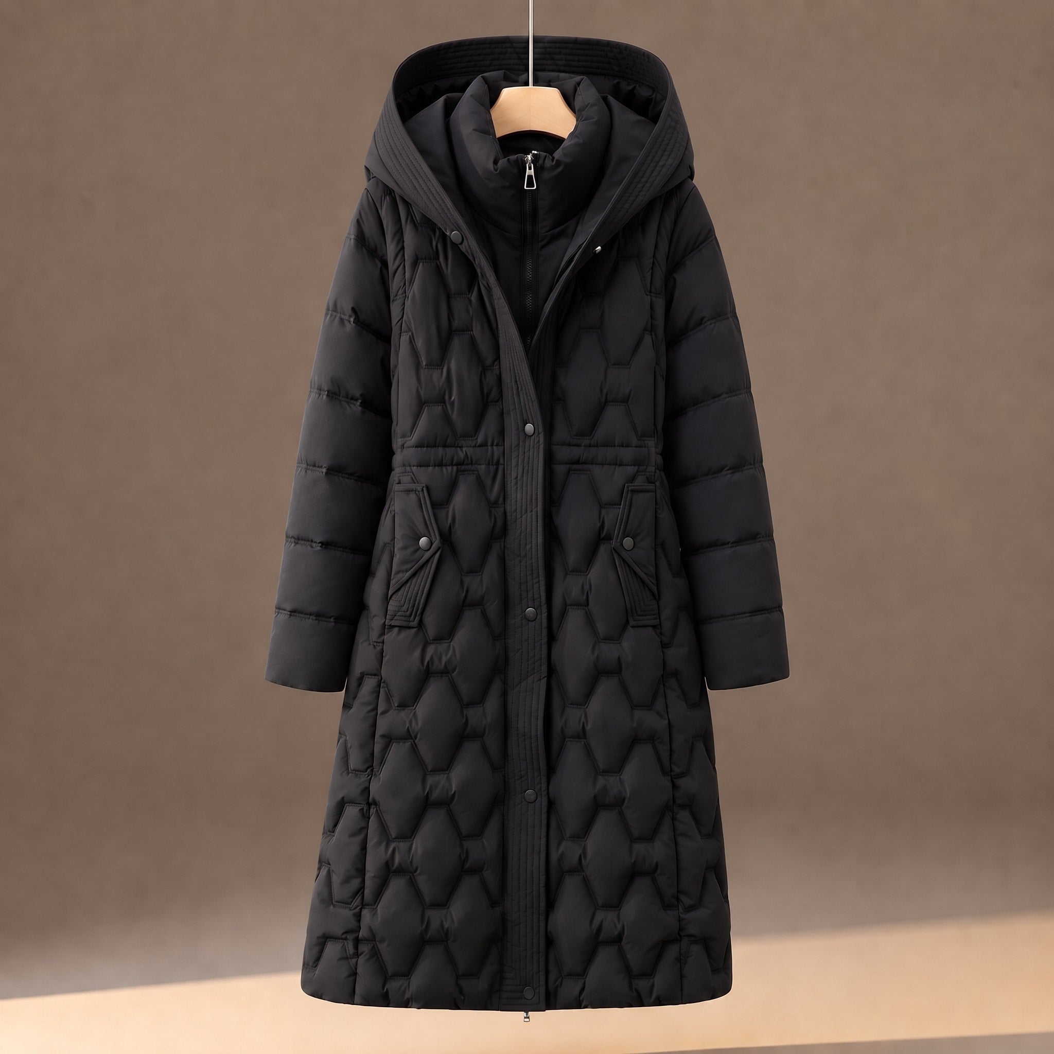 Charlotte - Women's Hooded Longline Puffer Coat with Quilted Panels