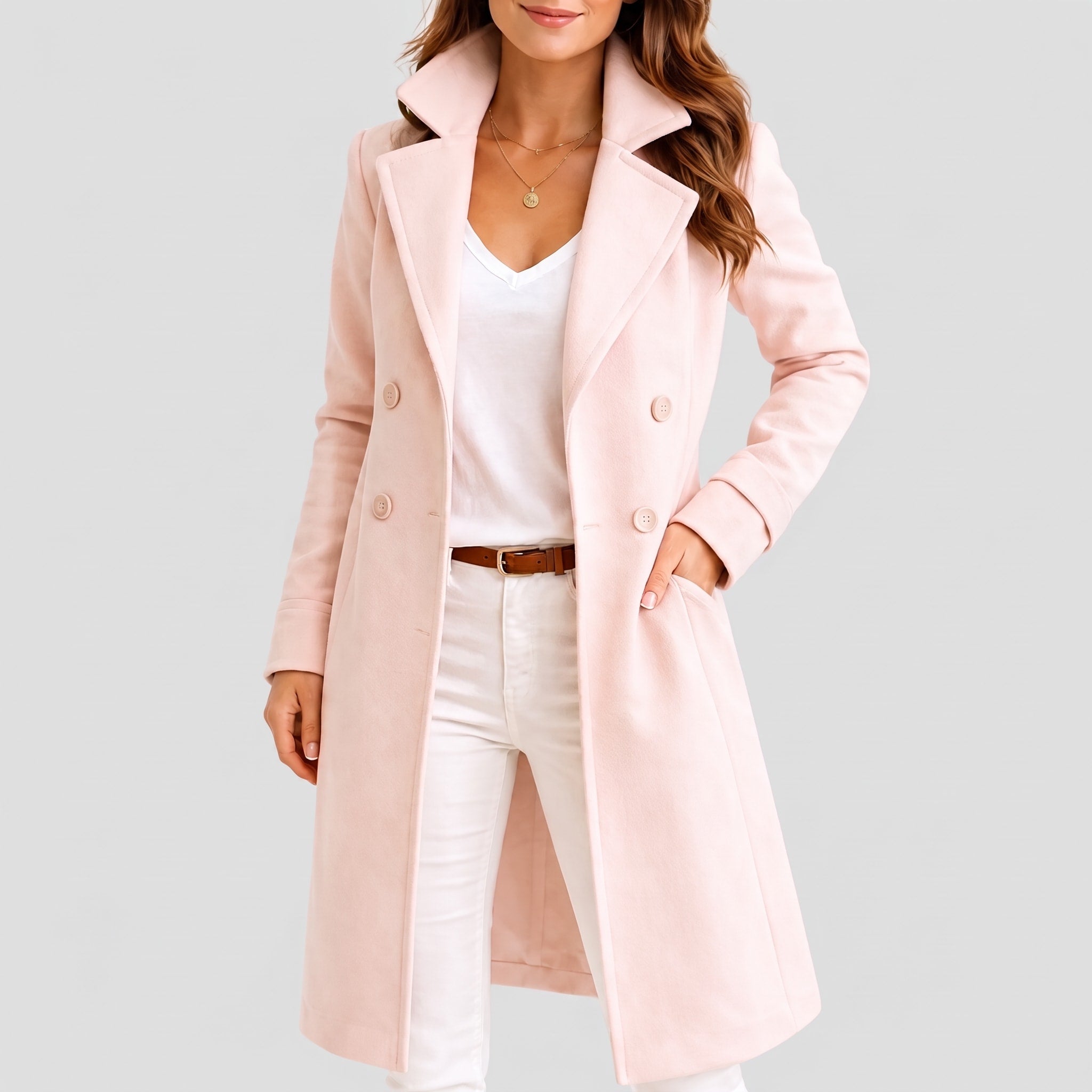 Eleanor - Women's Double-Breasted Tailored Midi Overcoat with Notch Lapel