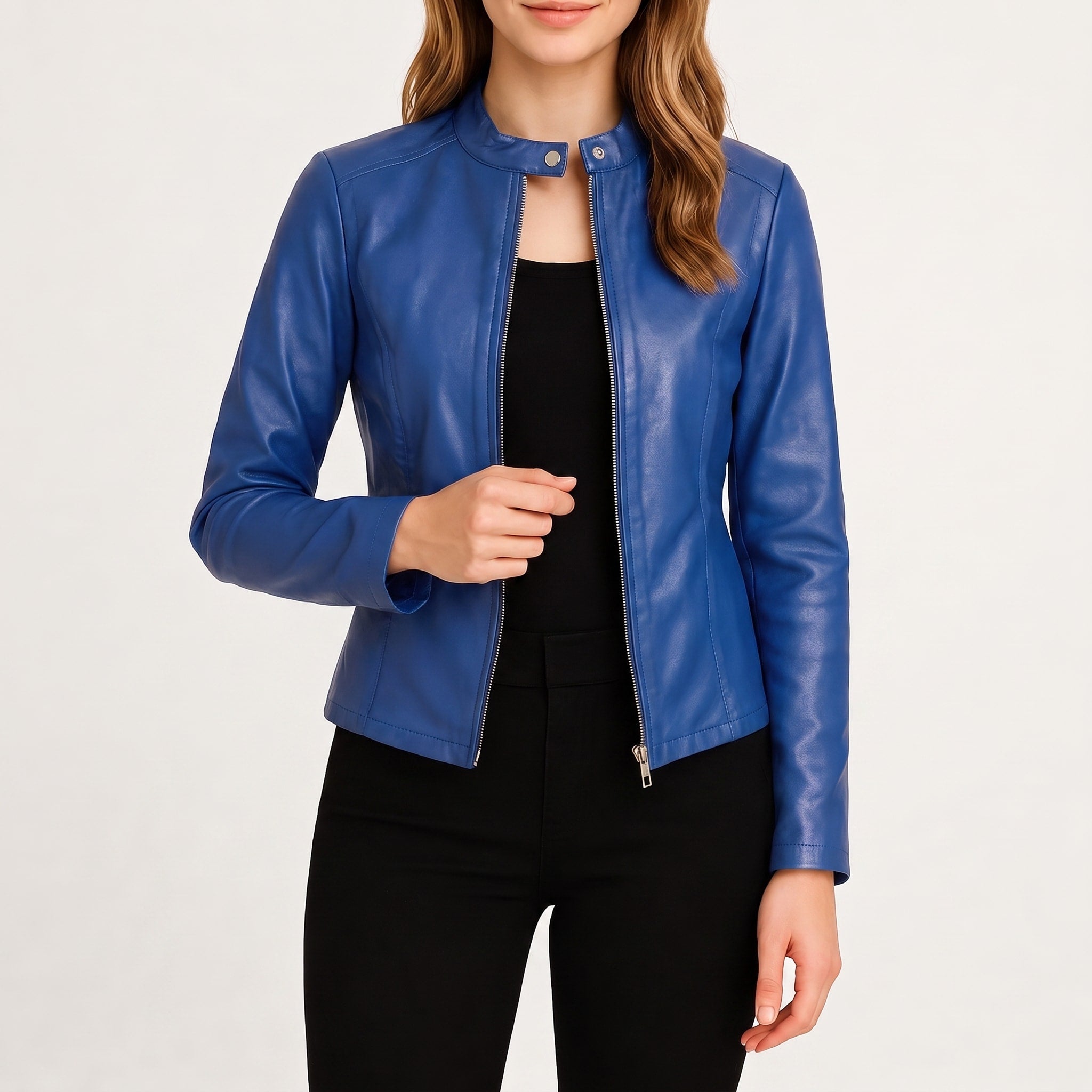 Sophie - Women's Fitted Zip-Up Biker Jacket with Snap Collar