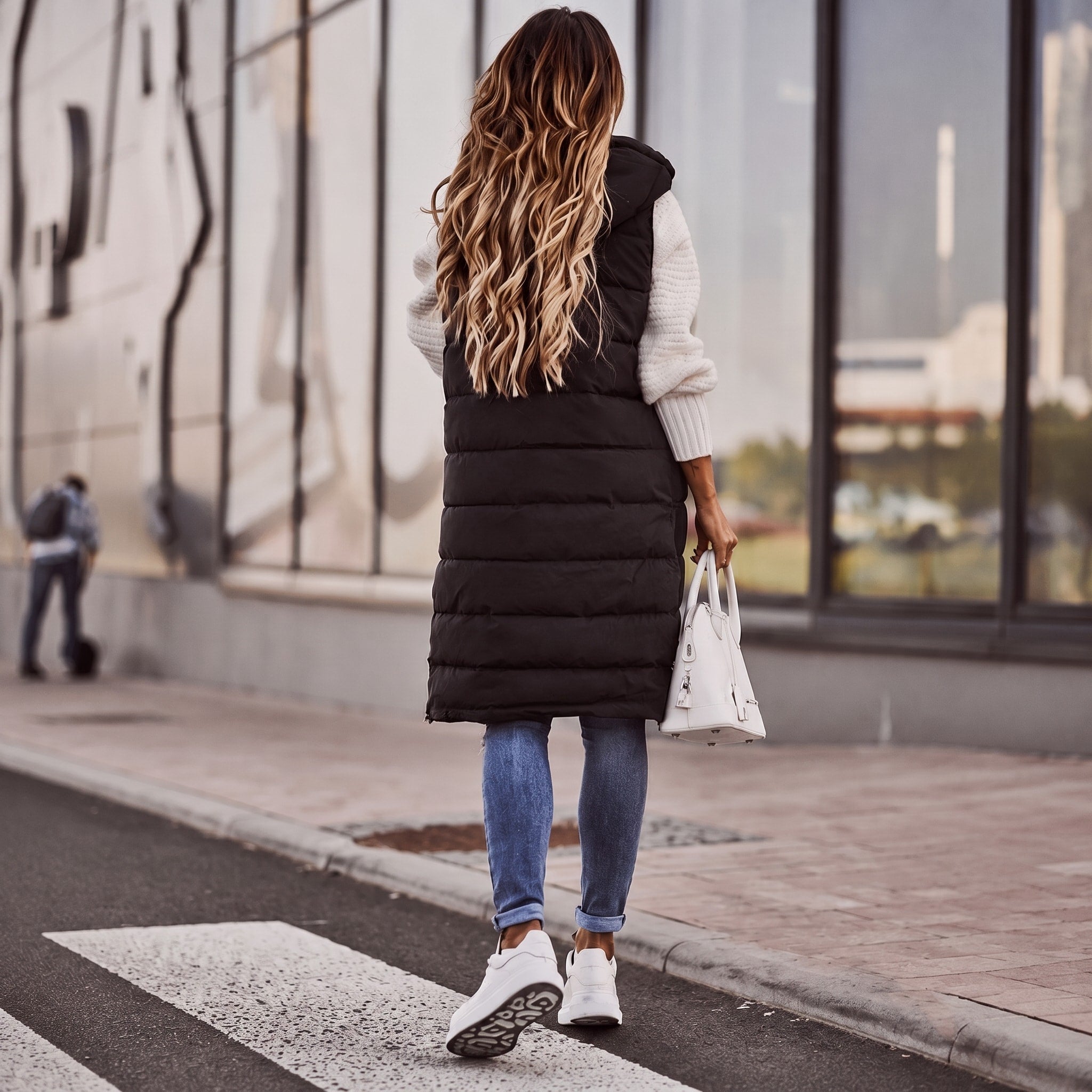 Olivia - Women's Longline Quilted Hooded Gilet with Side Pockets