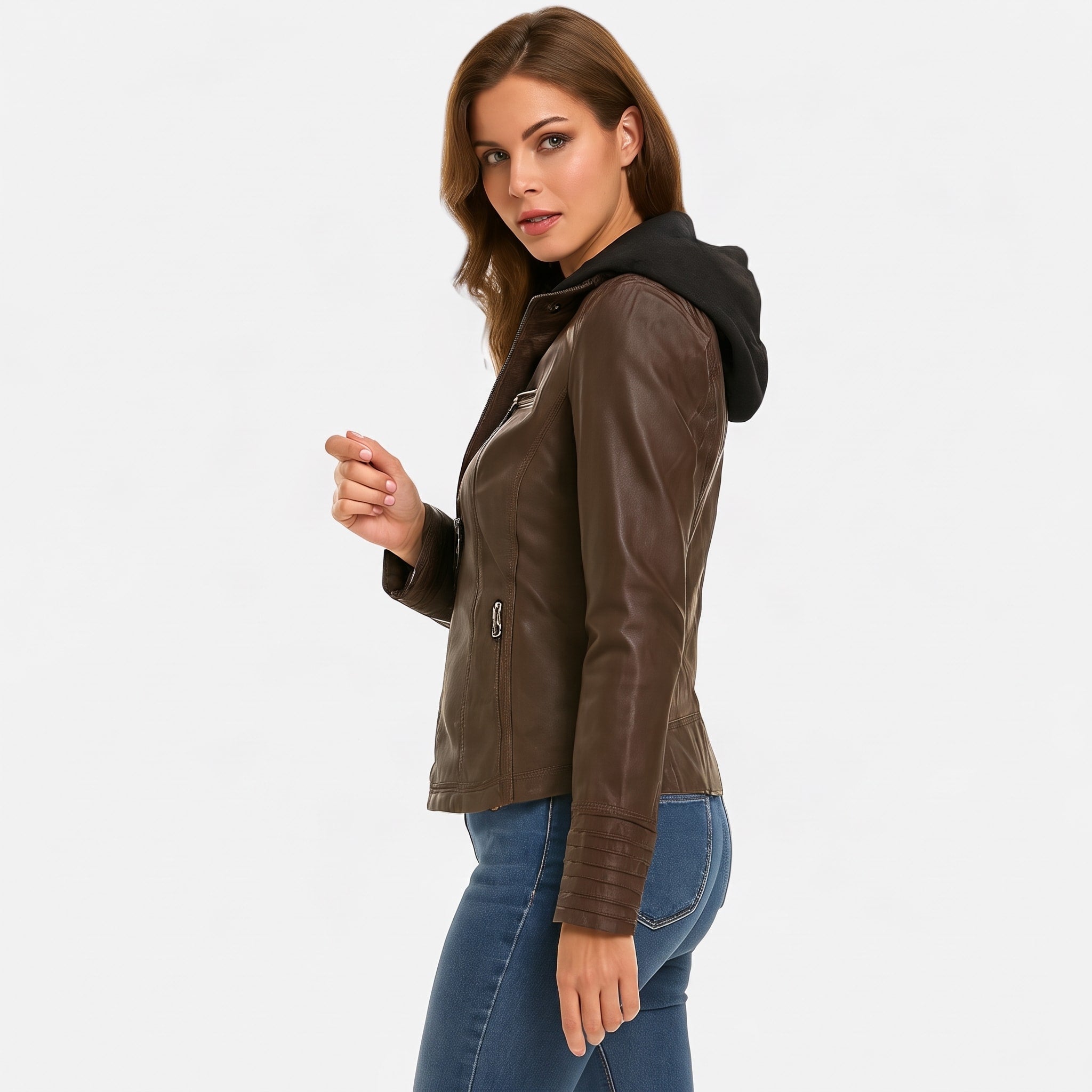 Sarah - Women's Hooded Biker Jacket with Drawstring Hood