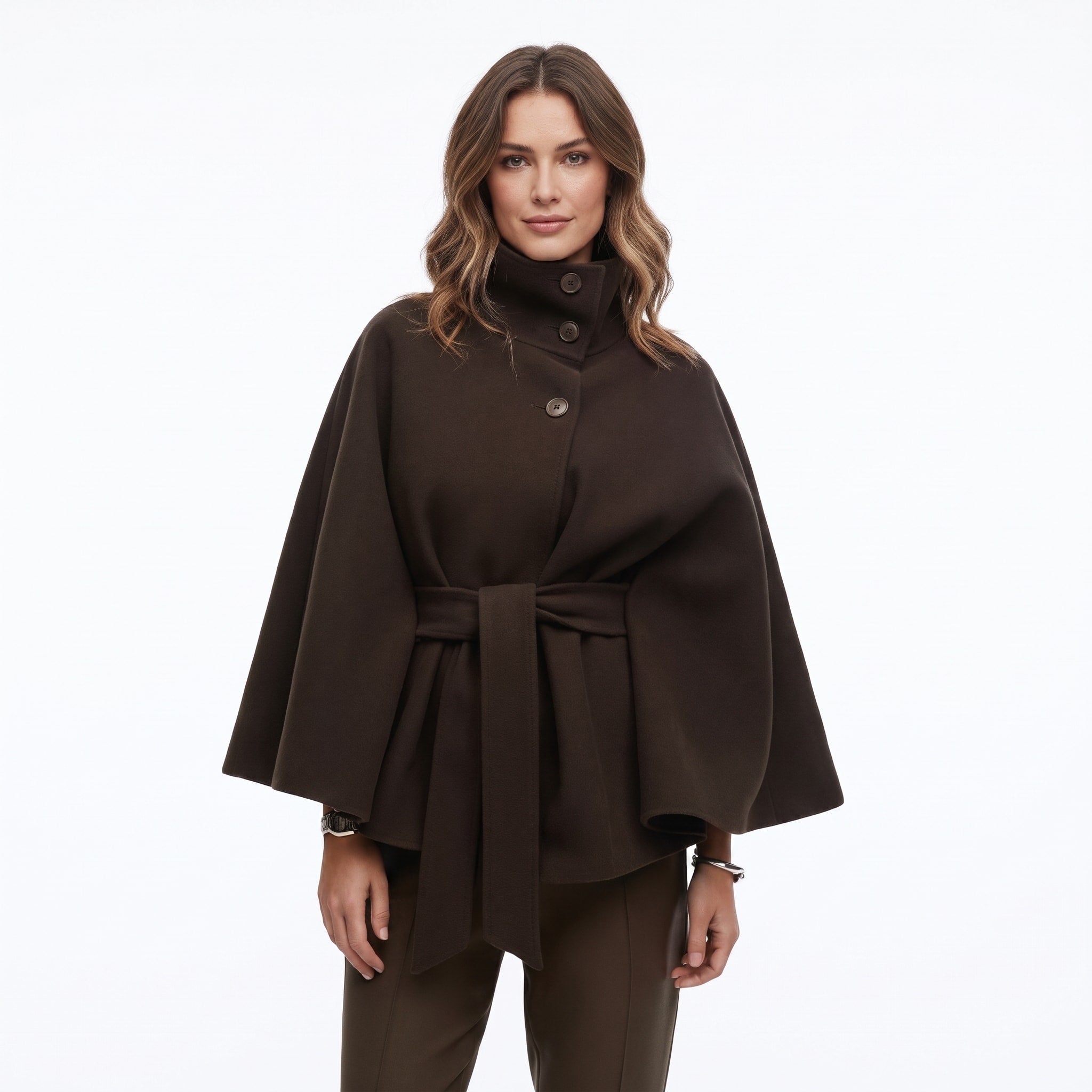 Olivia - Women's Belted Cape Coat with High-Neck Button Collar