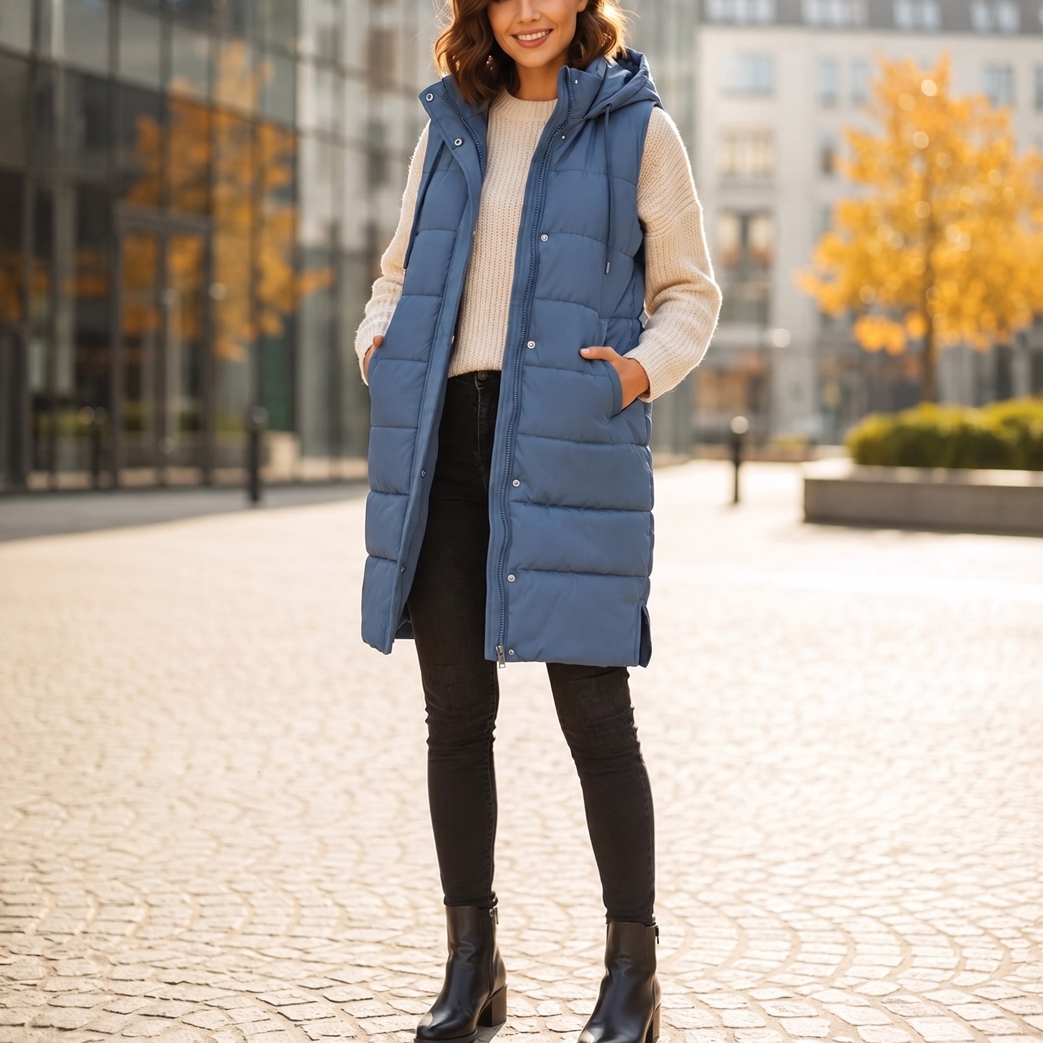 Olivia - Women's Longline Quilted Hooded Gilet with Side Pockets