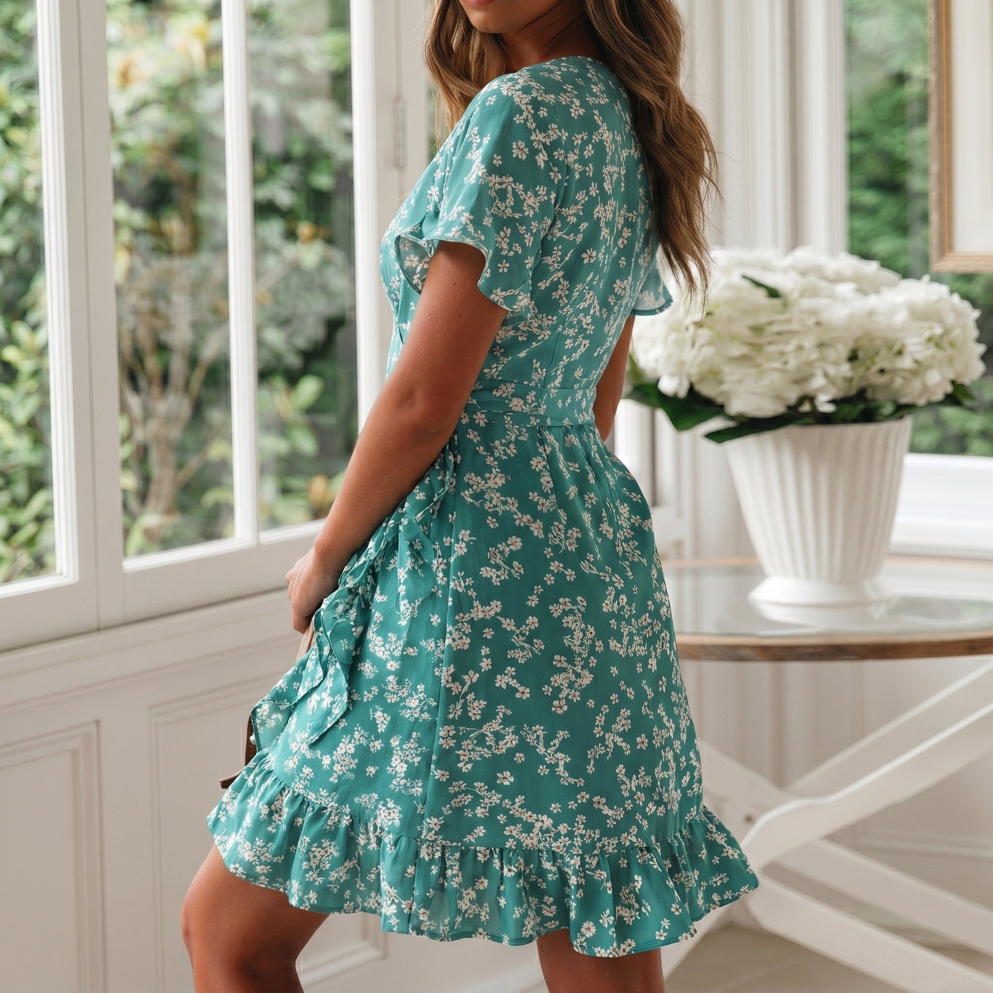 Georgia - Women's Summer Floral Wrap  Ruffle Hem Mini Dress