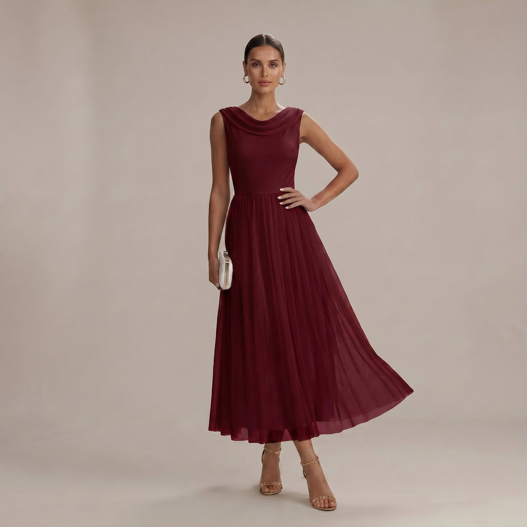 Clara - Women's Summer Pleated Cowl Back Midi Dress