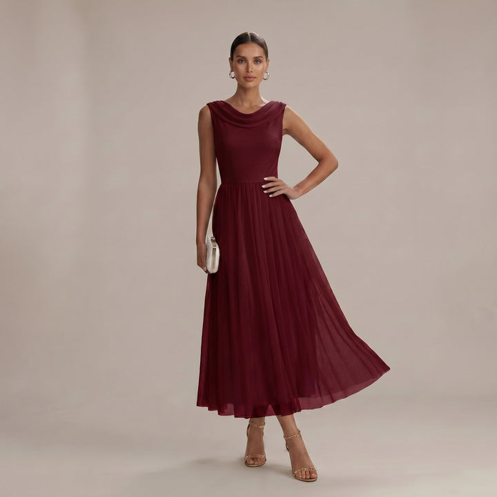 Clara - Women's Summer Pleated Cowl Back Midi Dress