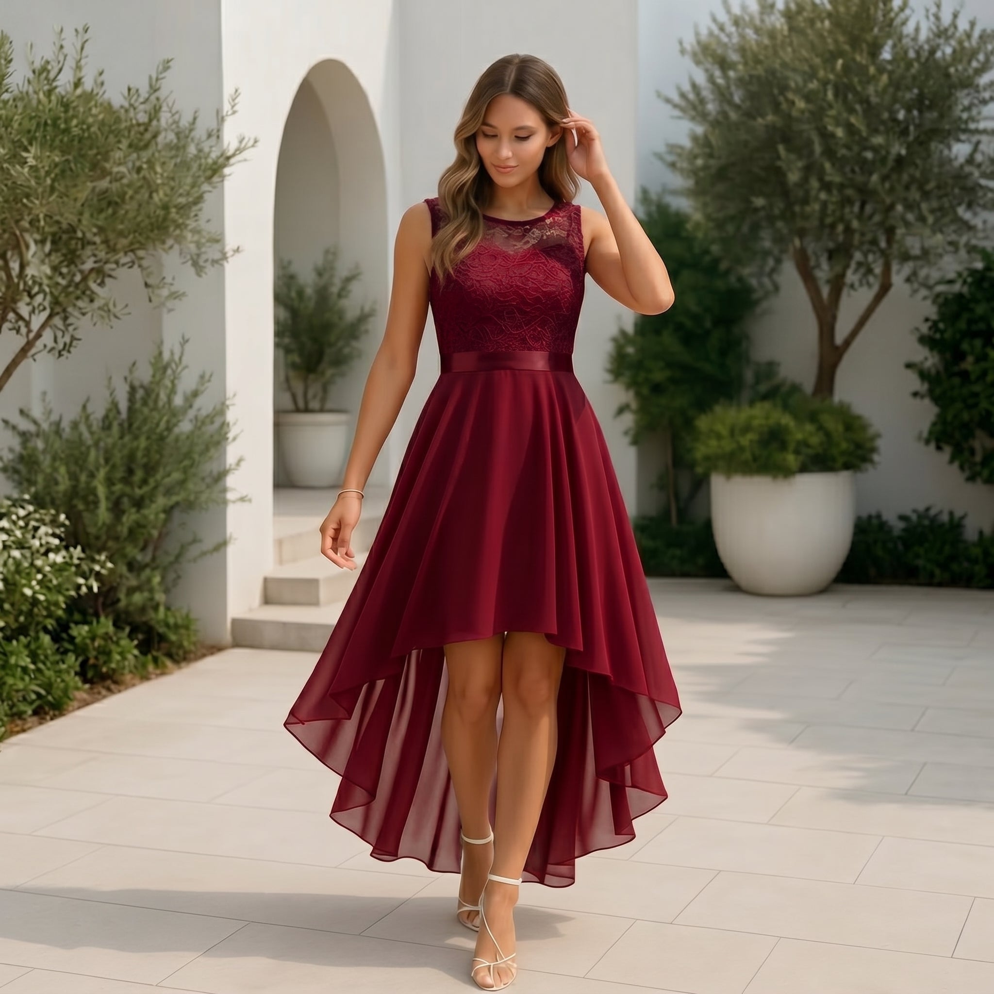 Rosie - Women's Party Lace Bodice High-Low Midi Dress