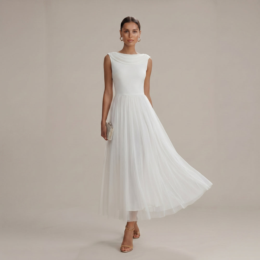 Clara - Women's Summer Pleated Cowl Back Midi Dress