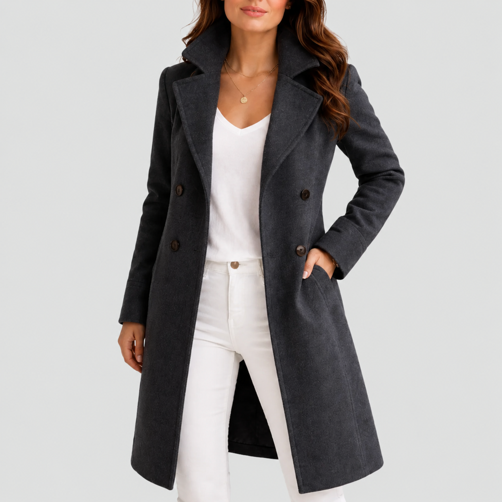 Eleanor - Women's Double-Breasted Tailored Midi Overcoat with Notch Lapel