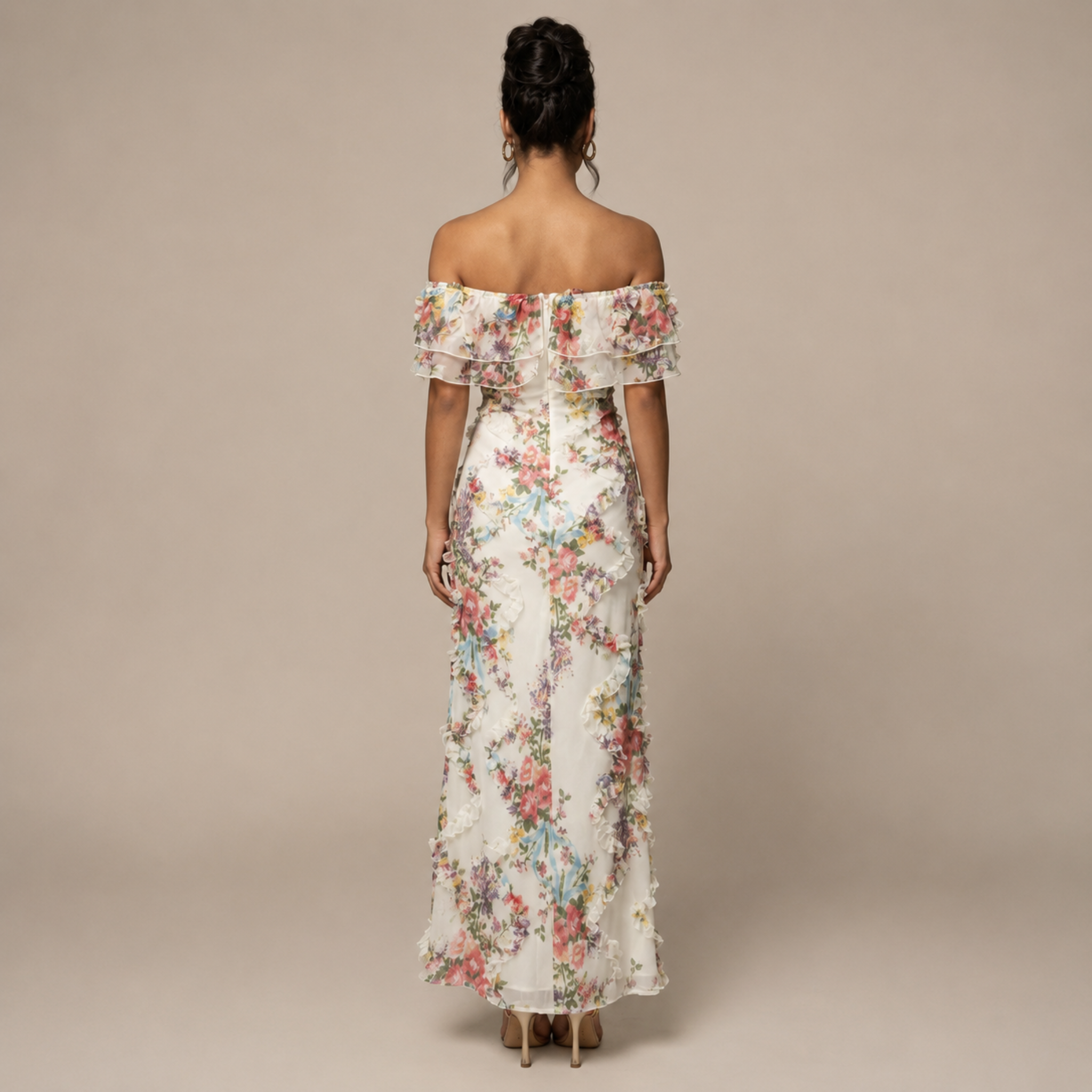 Gisela - Women's Vintage Floral Off-Shoulder Ruffle Party Maxi Dress