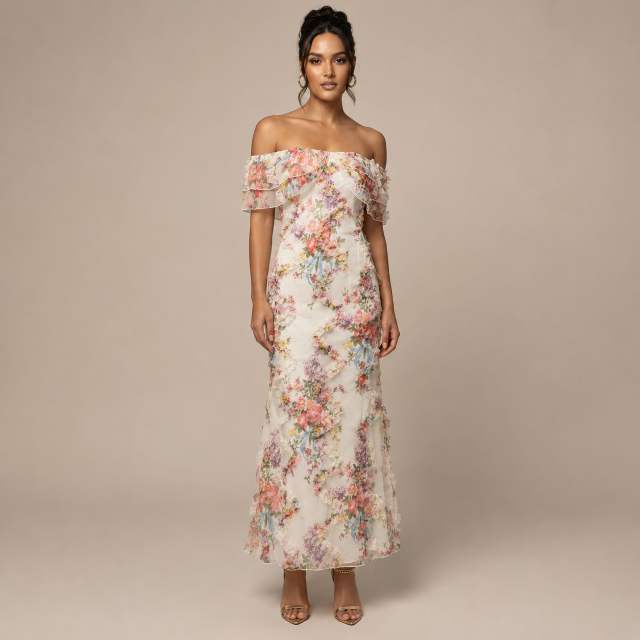 Gisela - Women's Vintage Floral Off-Shoulder Ruffle Party Maxi Dress
