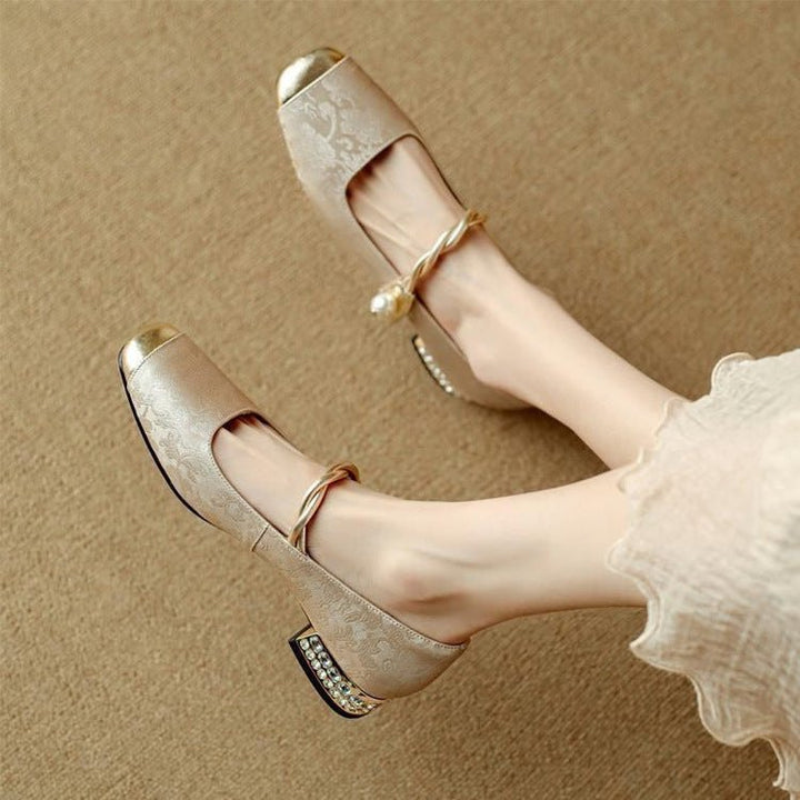 Cecilia - Women's Square Toe Mary Jane Pumps with Pearl Detail