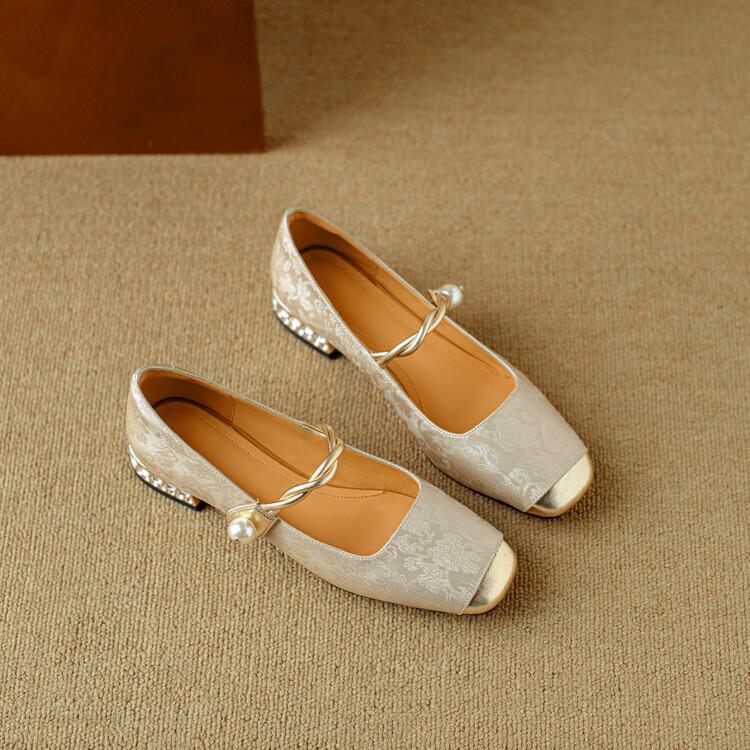 Cecilia - Women's Square Toe Mary Jane Pumps with Pearl Detail