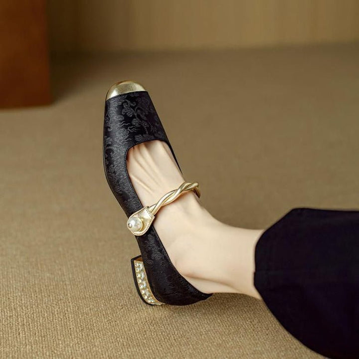 Cecilia - Women's Square Toe Mary Jane Pumps with Pearl Detail