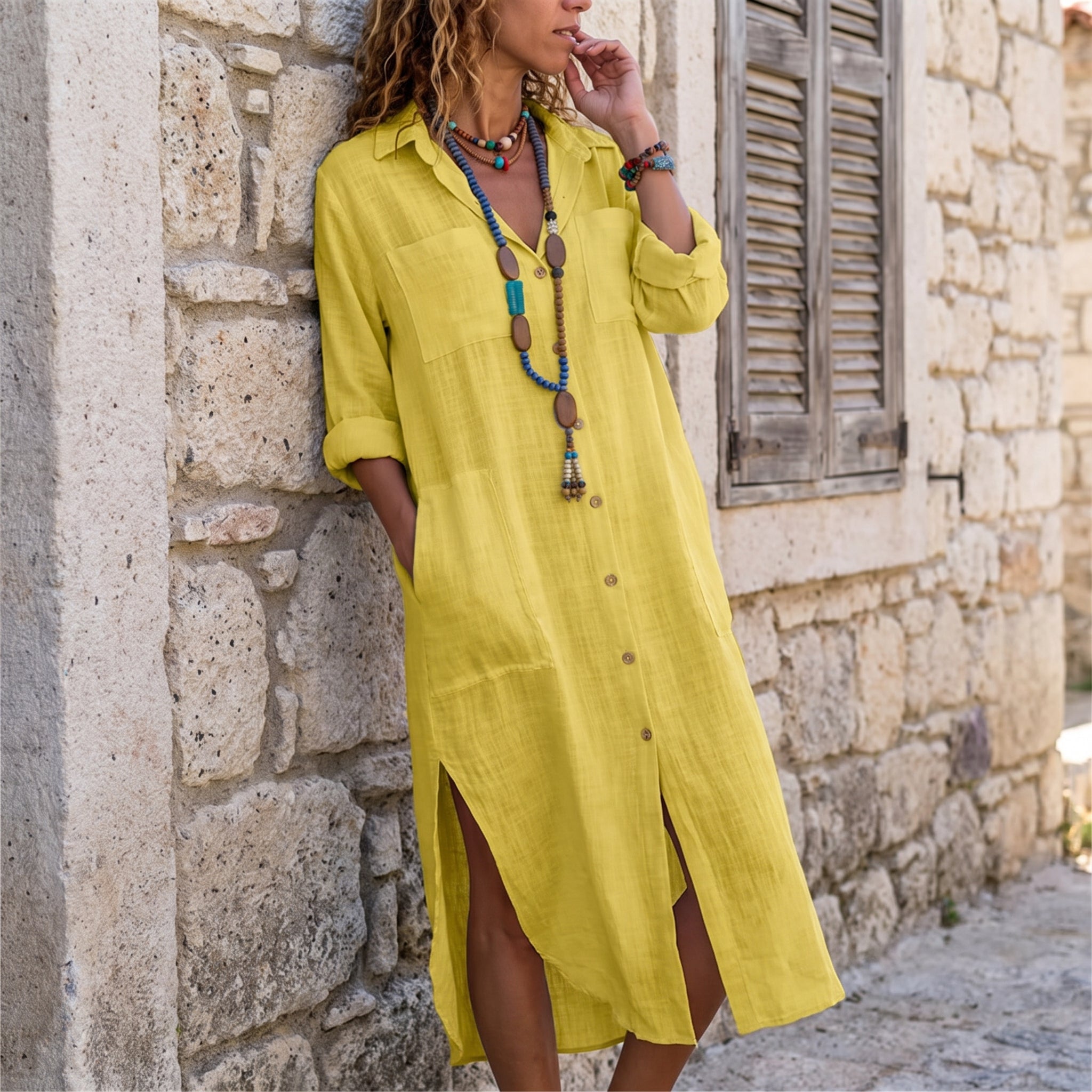 Georgia - Women's Summer Roll Sleeve Midi Shirt Dress