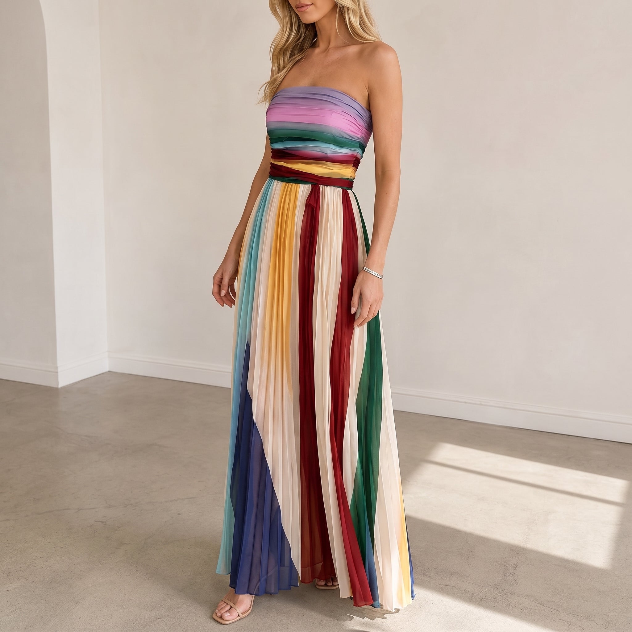 Clara - Women's Summer Striped Strapless Pleated Maxi Dress