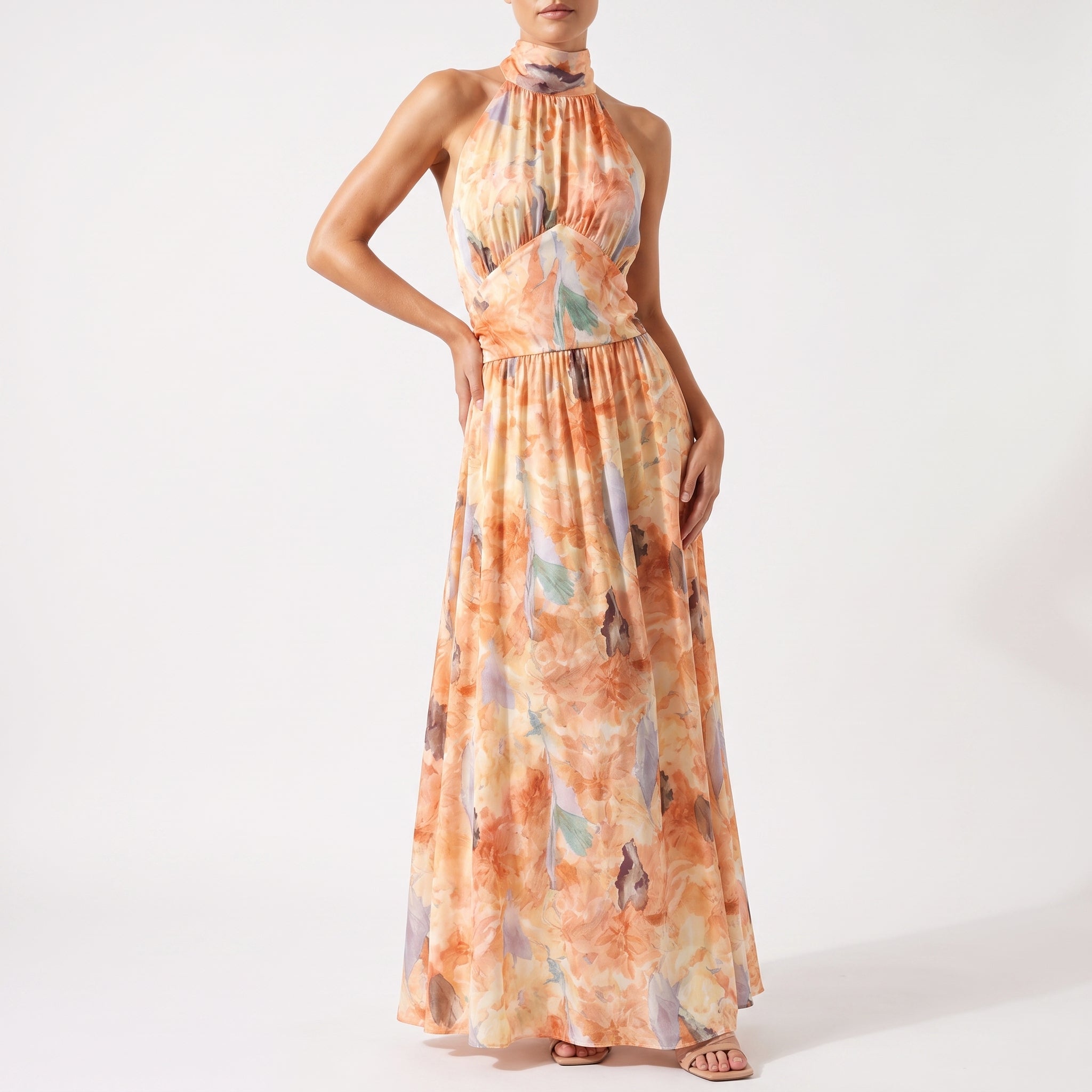 Clara - Women's Summer Floral Halterneck Ruched Maxi Dress