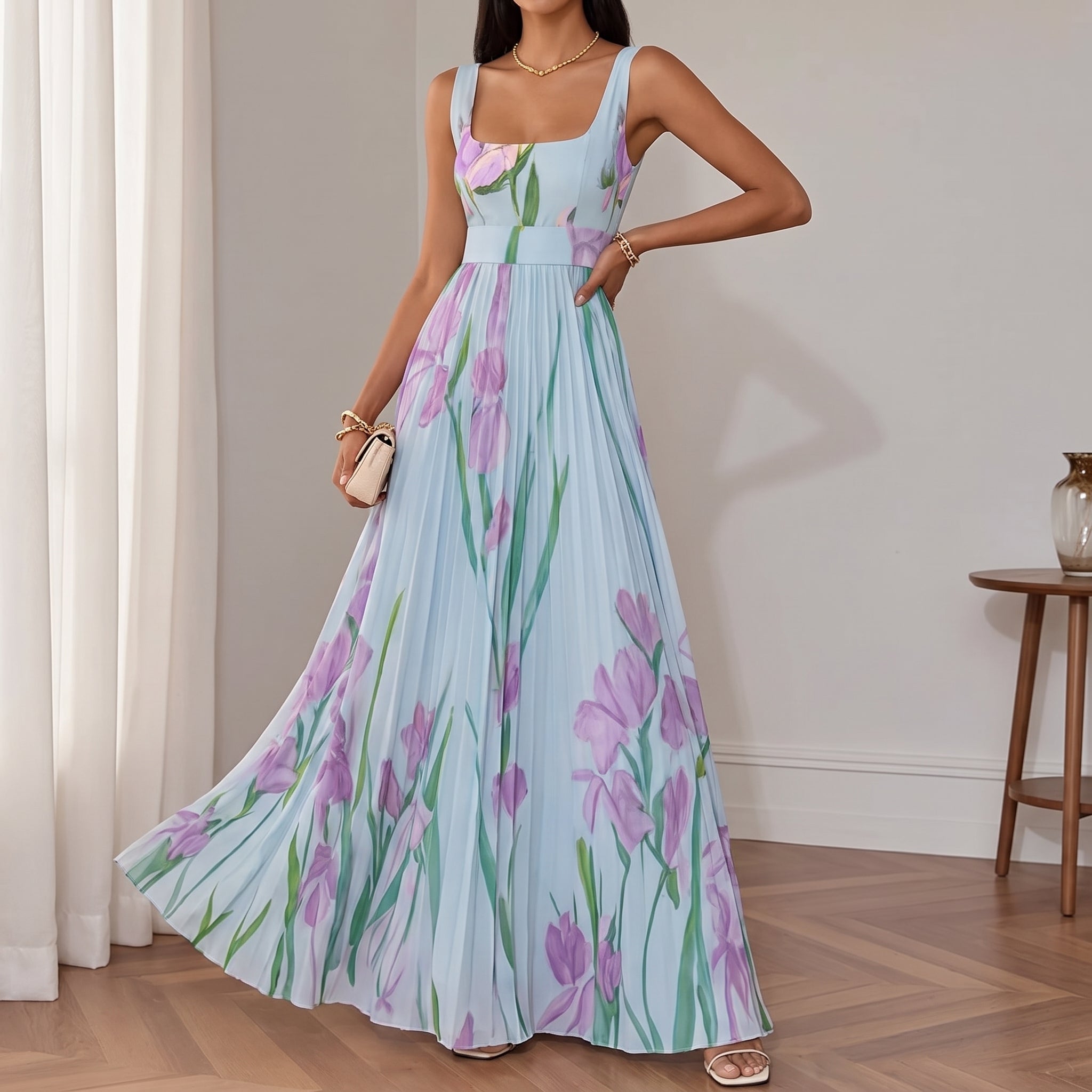 Clara - Women's Summer Floral Print Pleated Maxi Dress