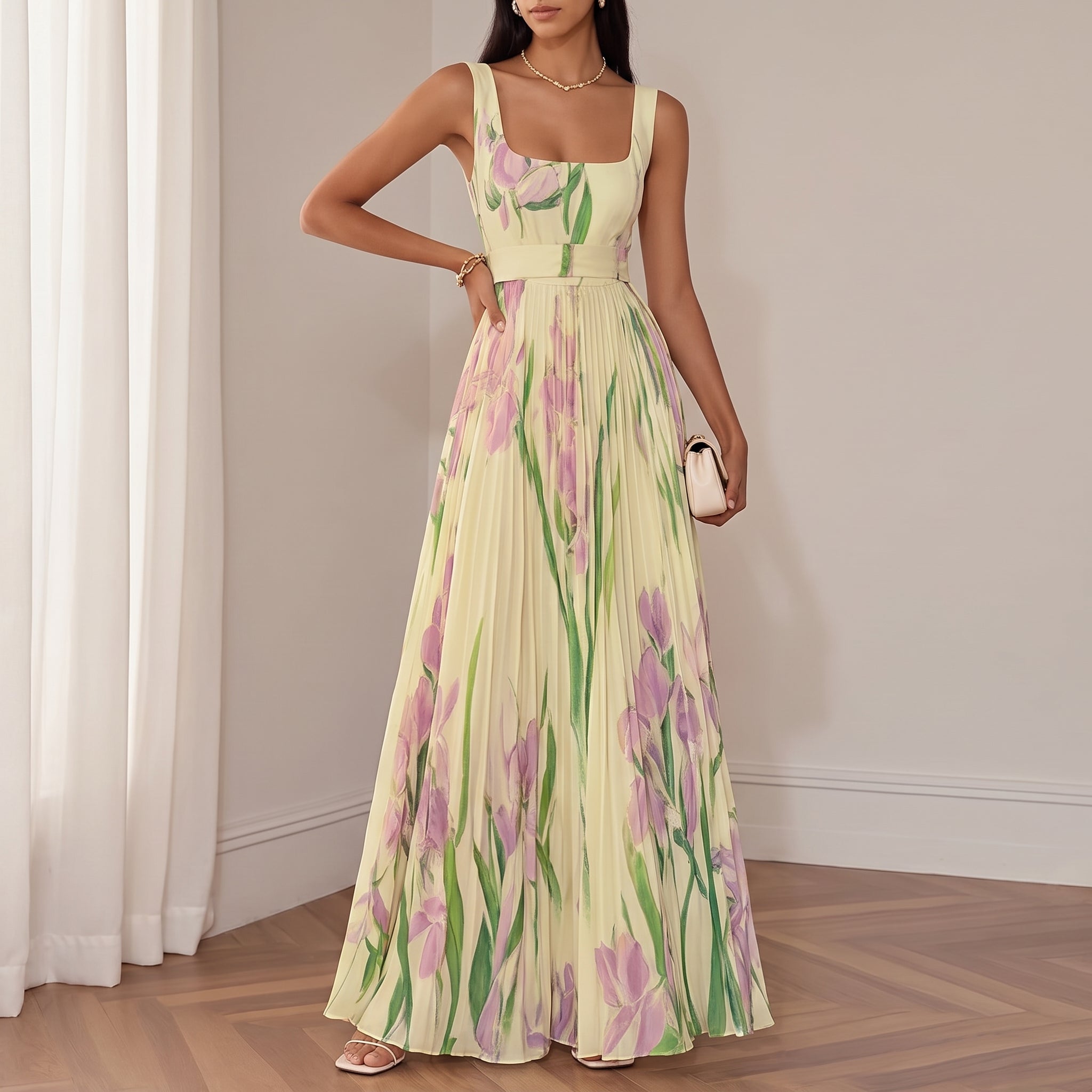 Clara - Women's Summer Floral Print Pleated Maxi Dress
