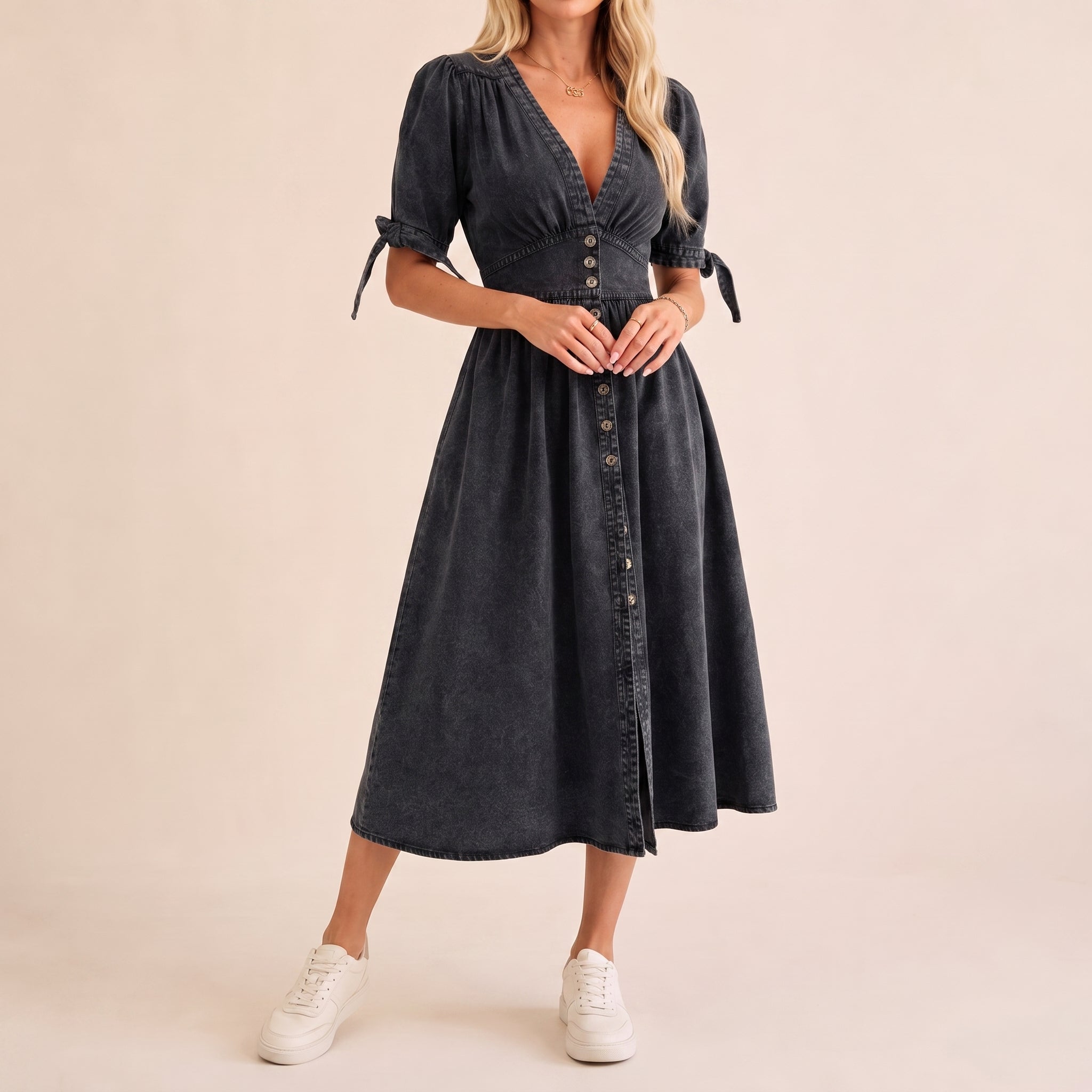 Sophie - Women's Summer Button-Down Midi Dress with Tie Sleeves