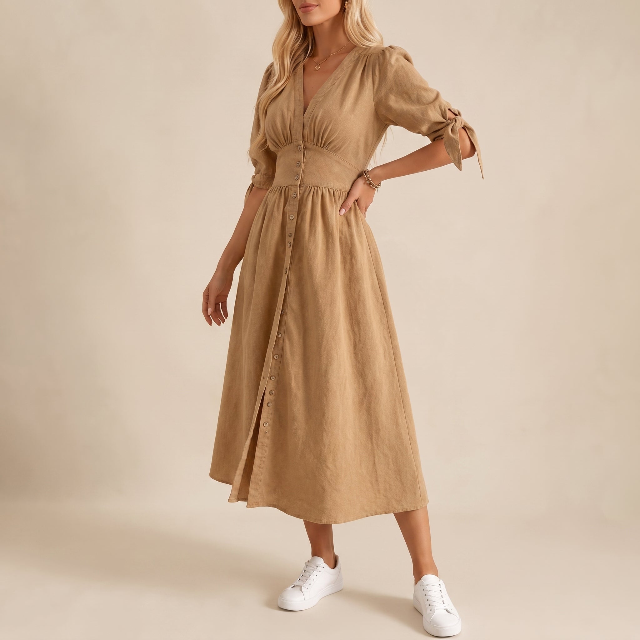 Sophie - Women's Summer Button-Down Midi Dress with Tie Sleeves